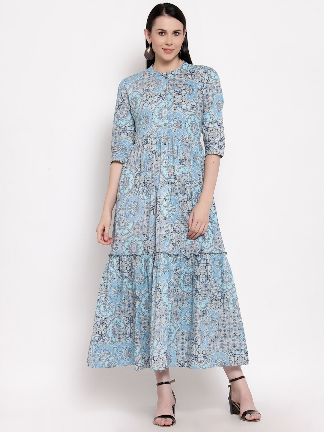 

Indibelle Women Plus Size Ethnic Motifs Printed Anarkali Pure Cotton Kurta, Blue