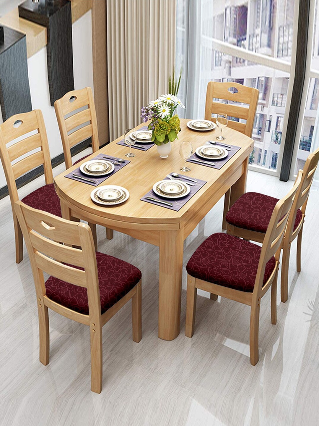

Cortina Maroon 6 Pcs Geometric Printed Chair Cover