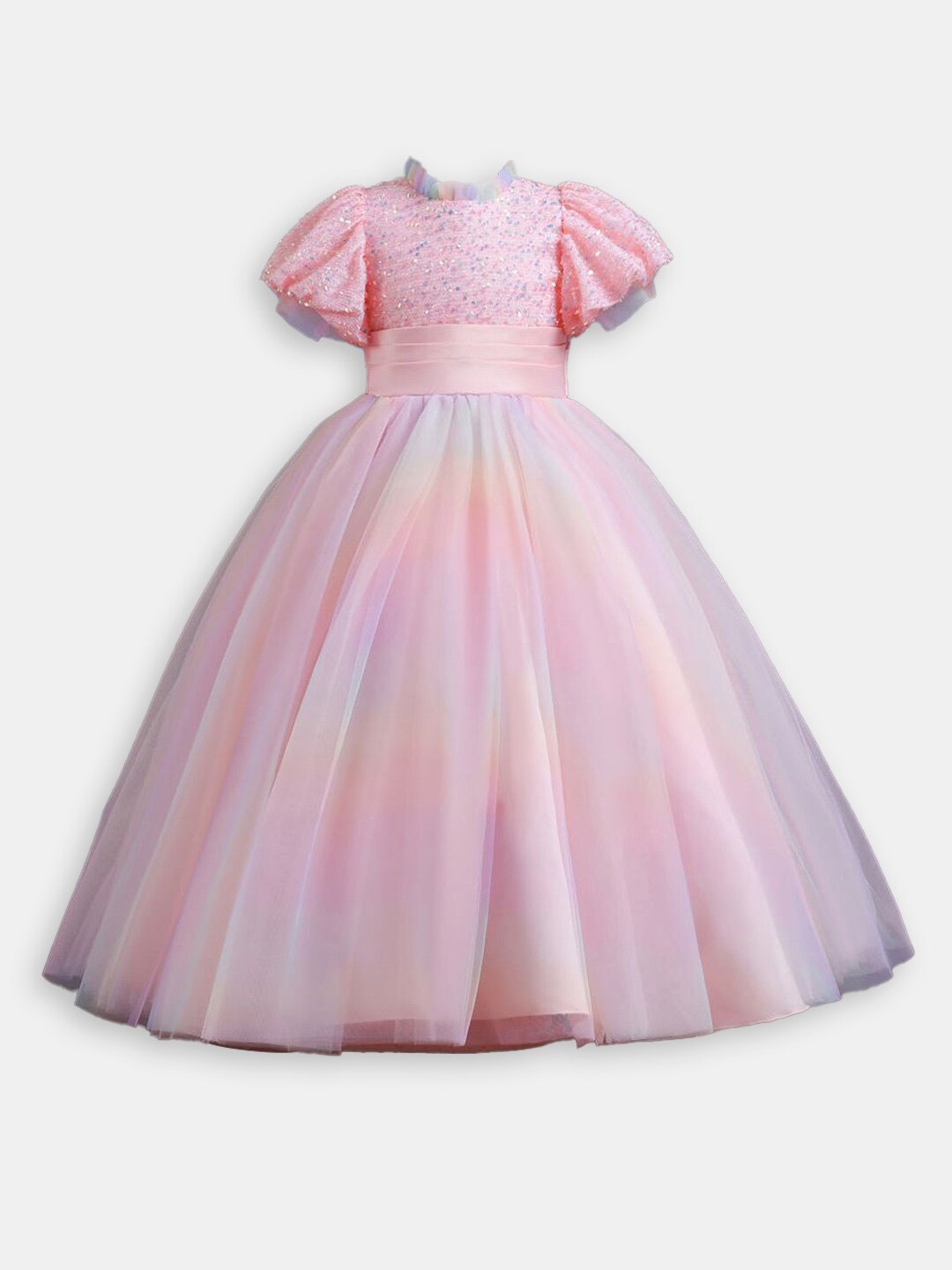 

Hopscotch Girls Sequined Embellished Puff Sleeves Fit & Flare Dress, Pink