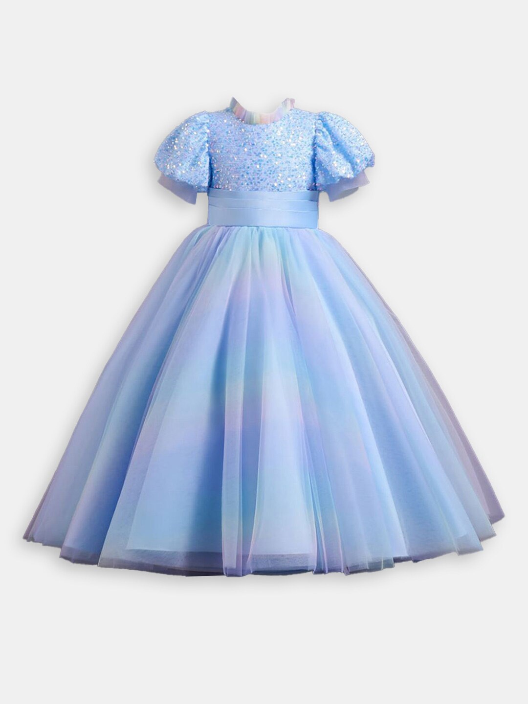 

Hopscotch Girls Sequined Embellished Puff Sleeves Fit & Flare Dress, Blue