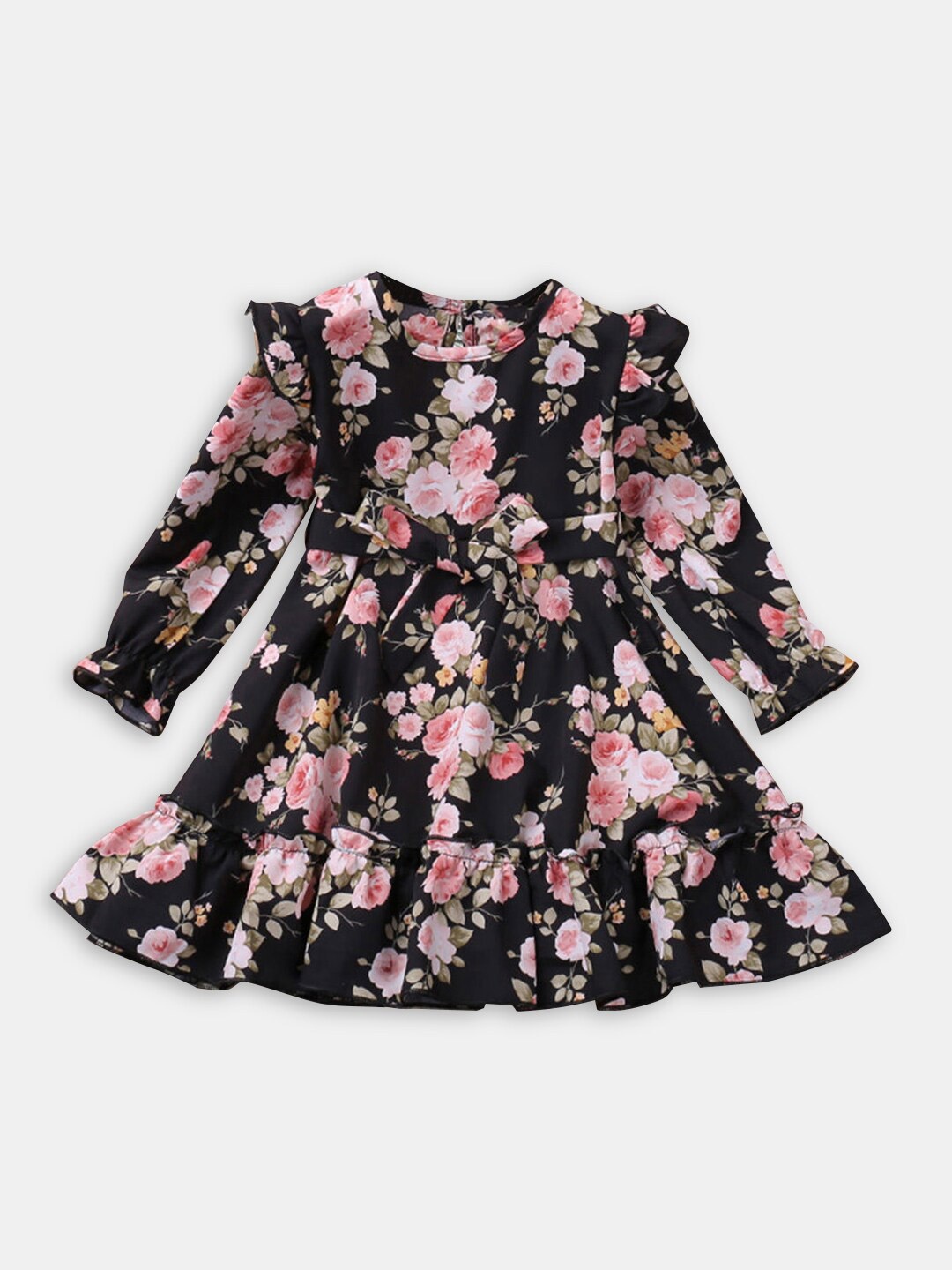 

Hopscotch Girls Floral Printed Flounce Ruffled A-Line Dress, Black