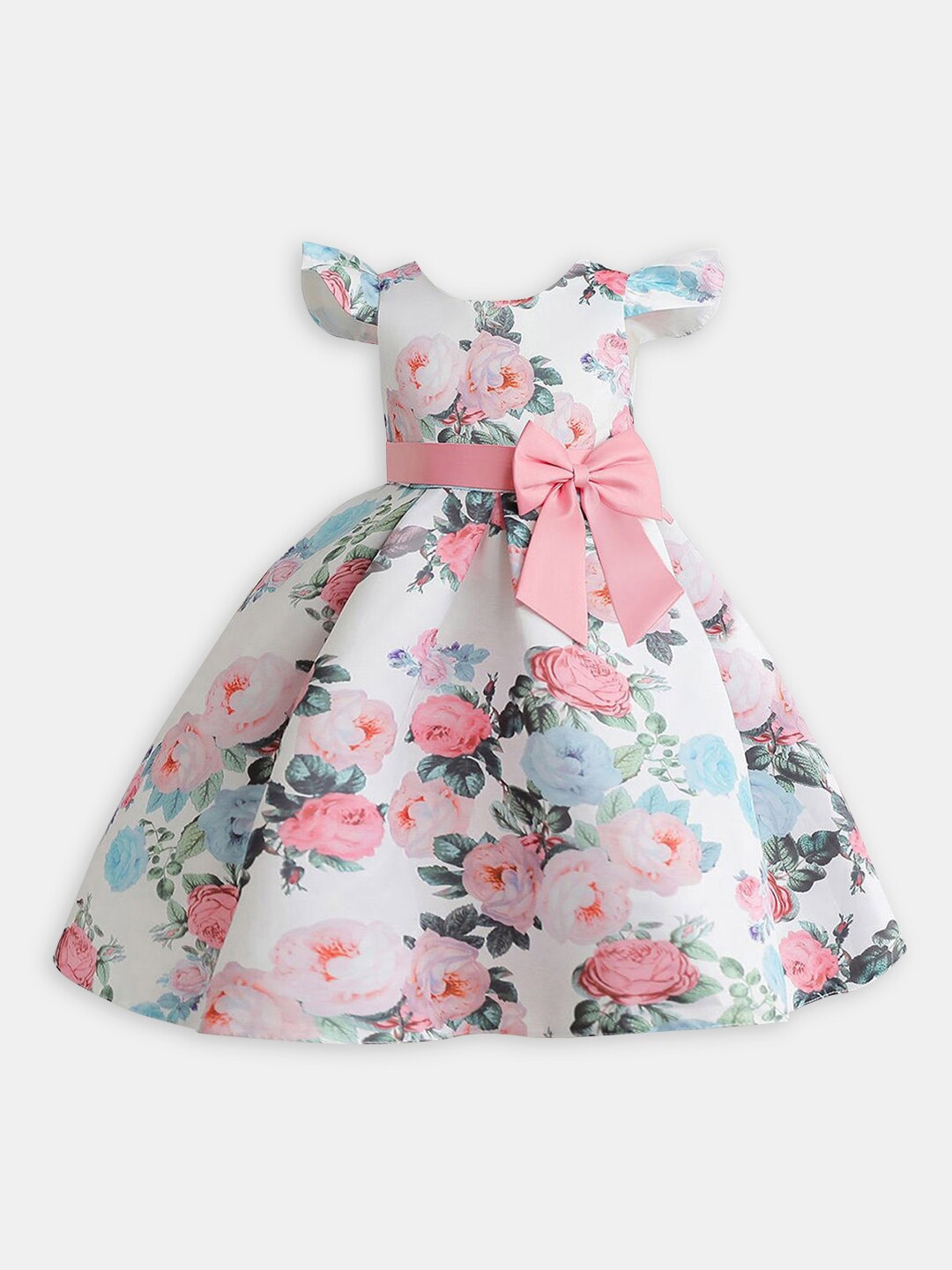 

Hopscotch Girls Floral Printed Bow Detailed Fit & Flare Dress, White