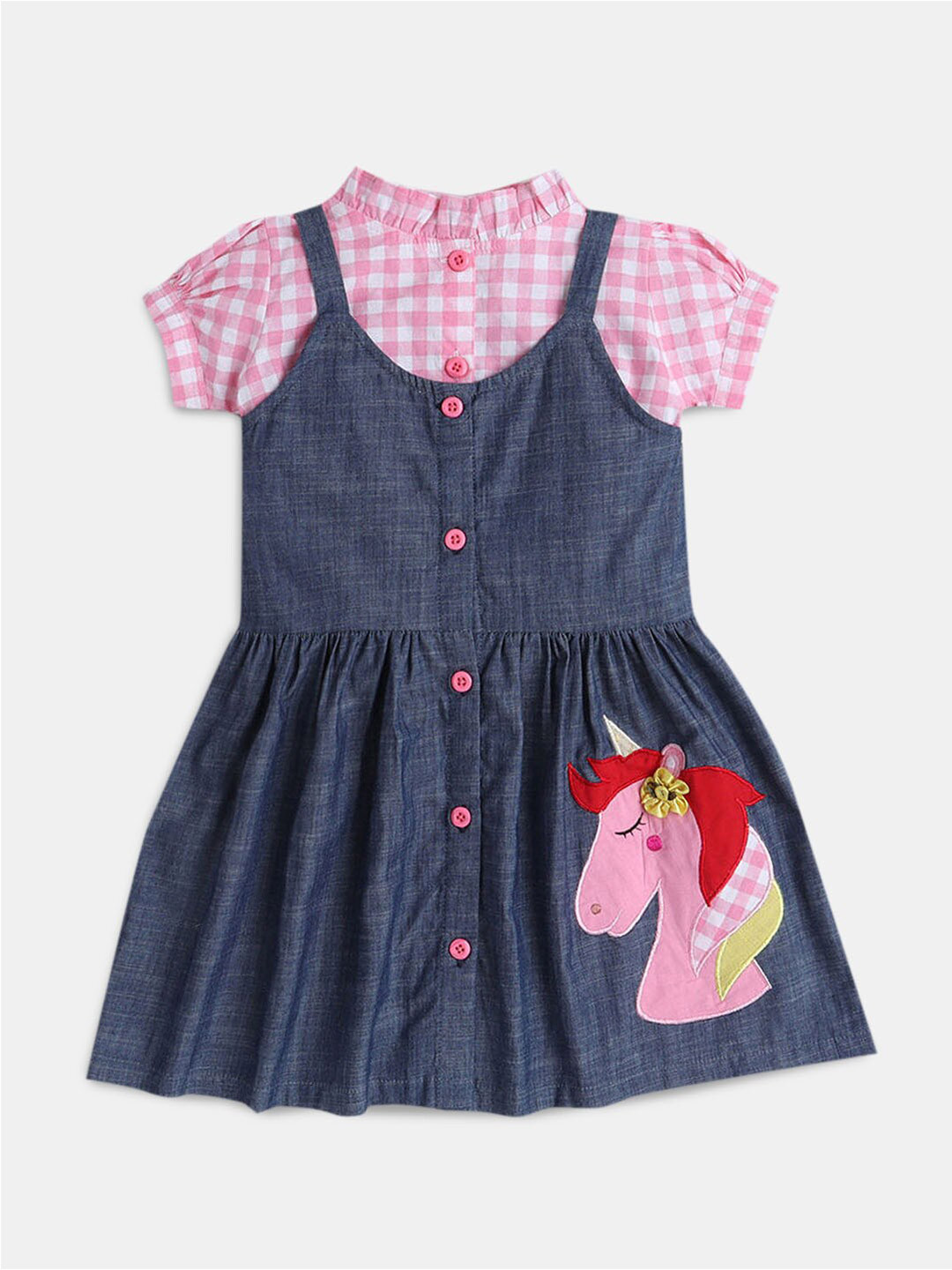 

Hopscotch Girls Checked Pure Cotton Shirt with Skirt, Navy blue