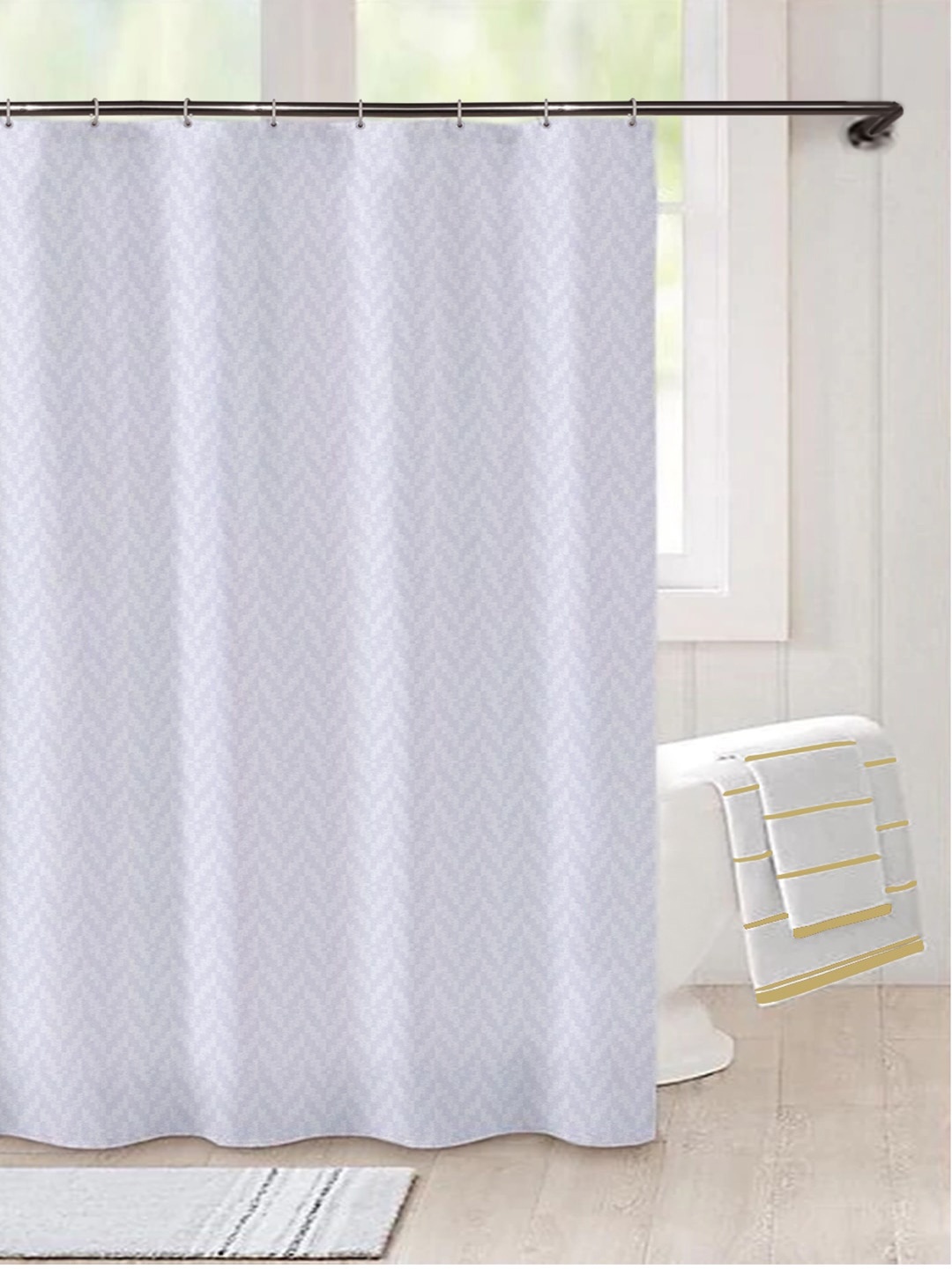 

Lushomes White Printed Shower Curtains With 12 Pcs C-Shaped Rings & 12 Pcs Eyelets
