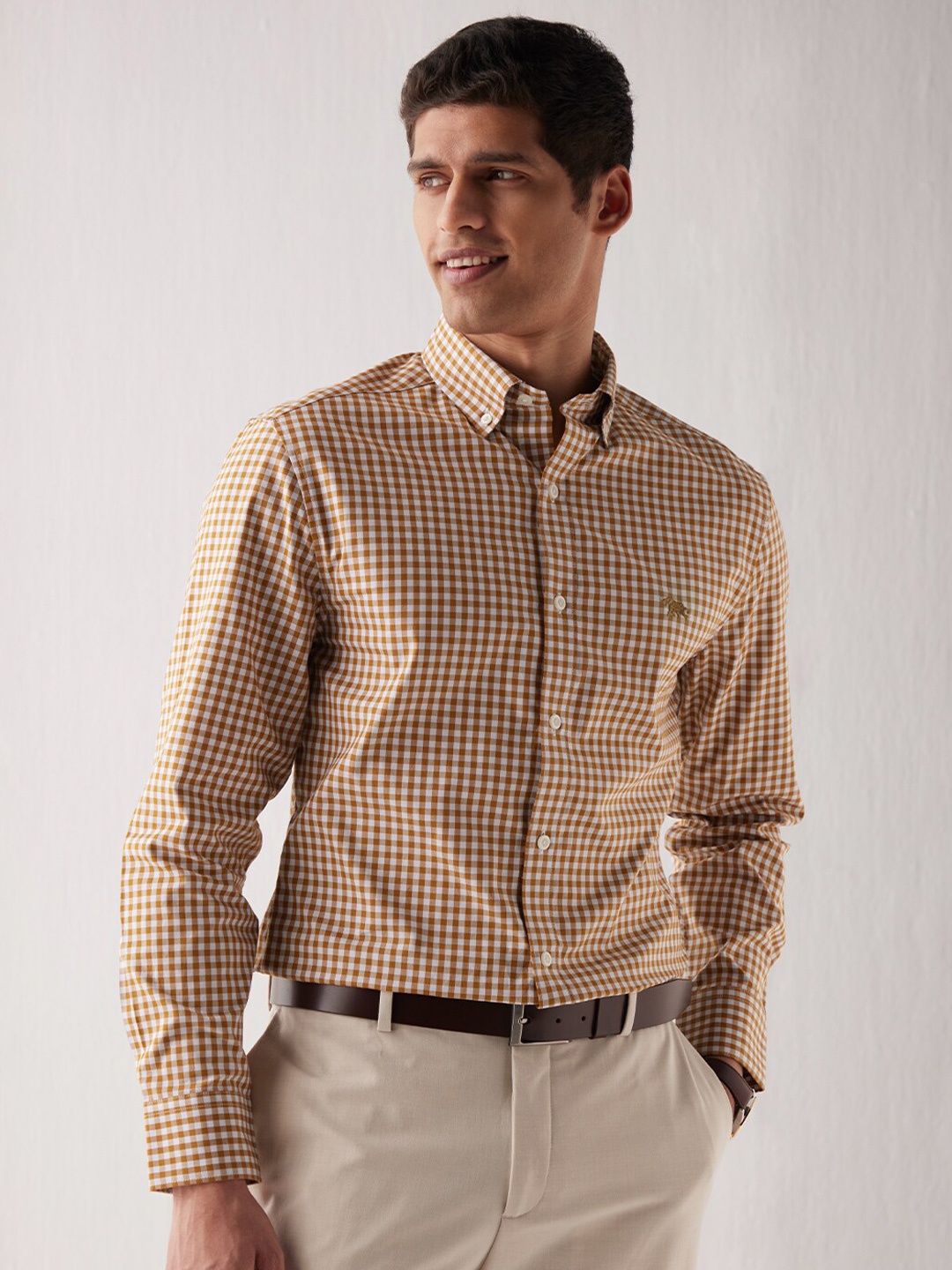 

Andamen Men Classic Gingham Checked Formal Cotton Shirt, Mustard