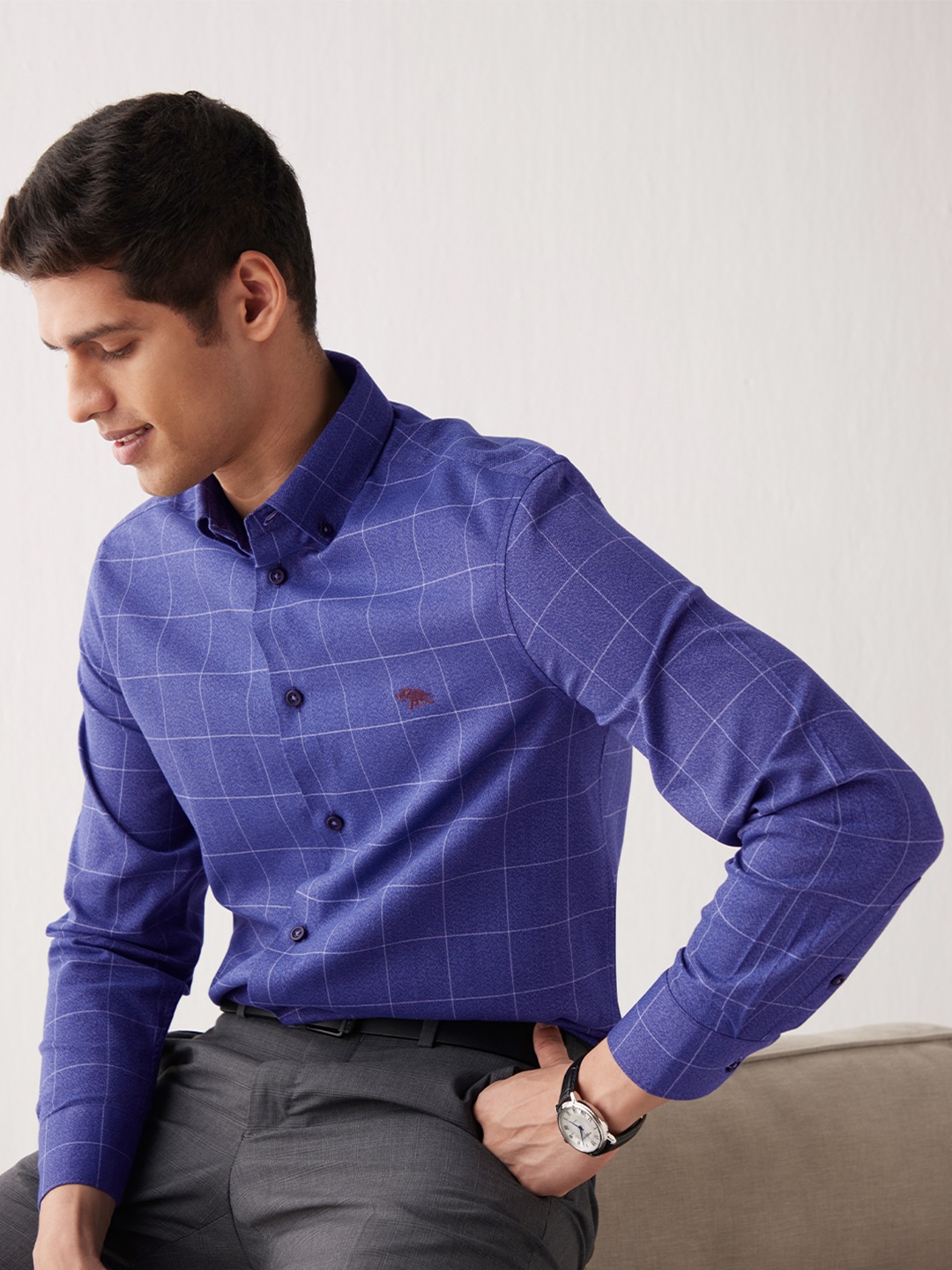 

Andamen Men Checked Cotton Slim Fit Long Sleeves Formal Shirt, Blue