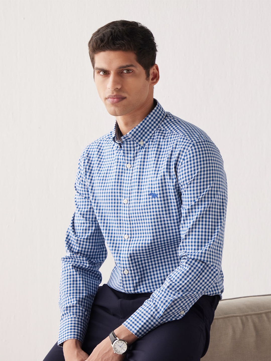 

Andamen Men Classic Checked Cotton Casual Shirt, Blue