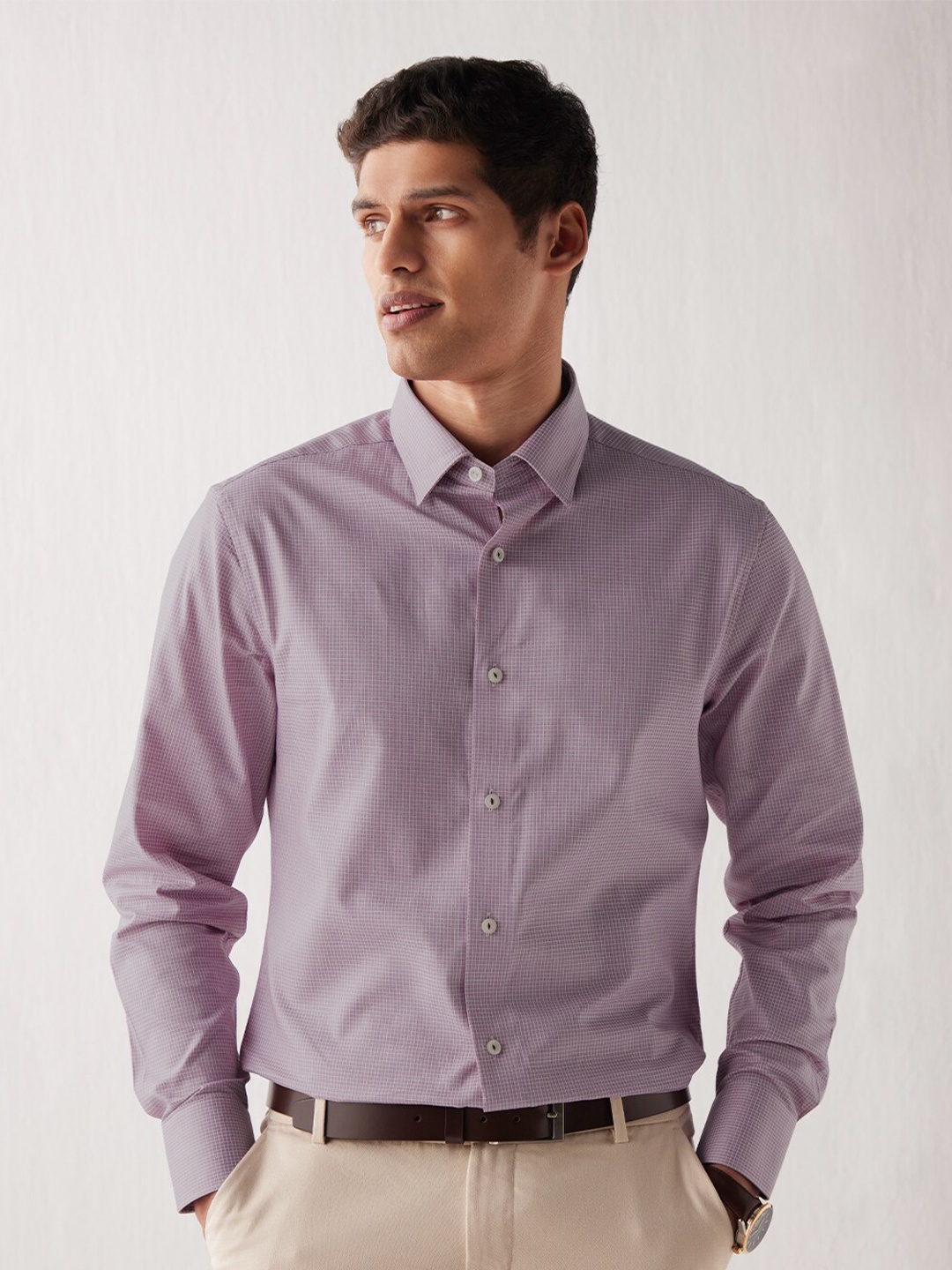 

Andamen Windowpane Checked Casual Cotton Shirt, Lavender