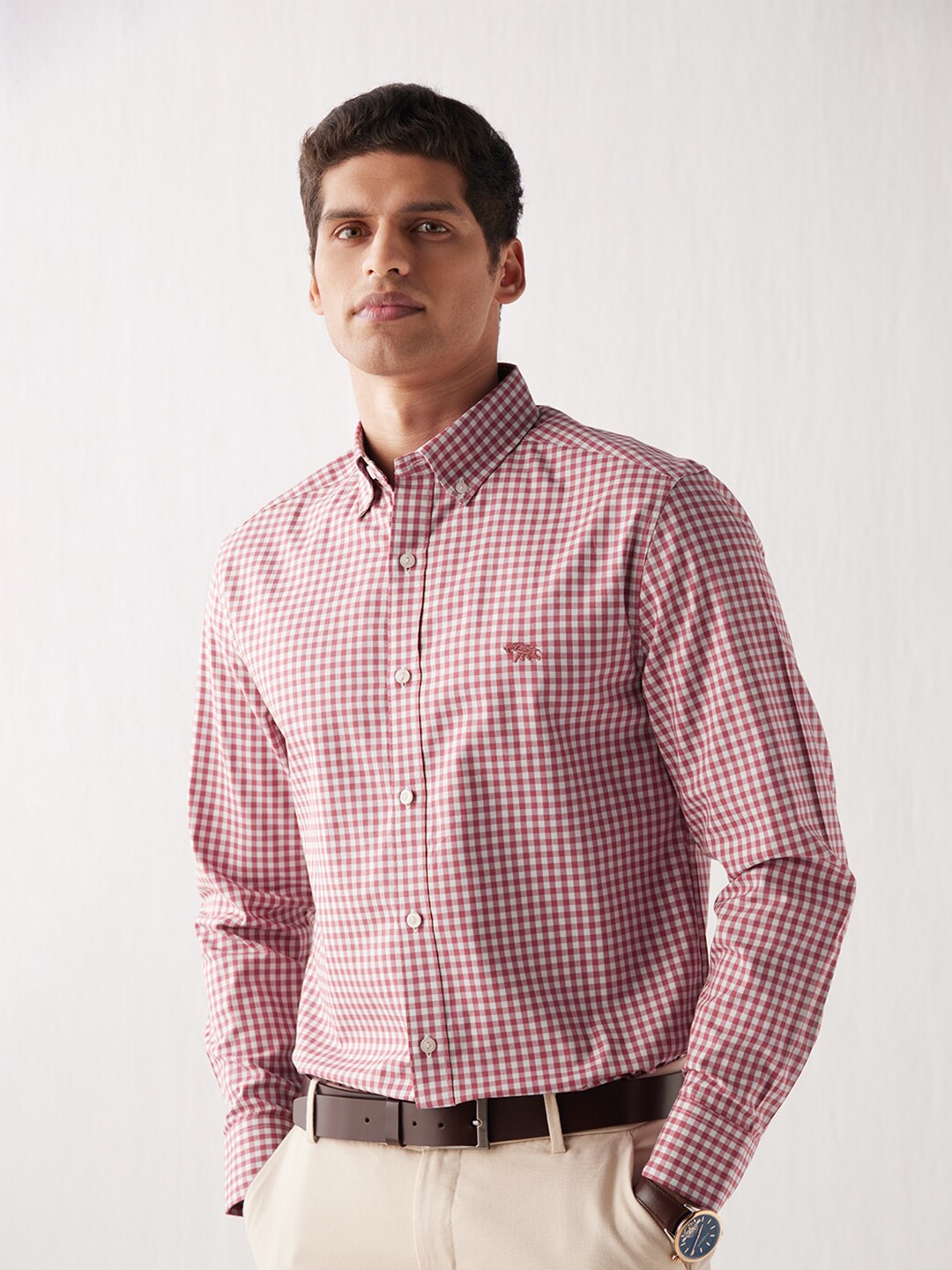 

Andamen Men Classic Slim Fit Gingham Checked Casual Cotton Shirt, Pink