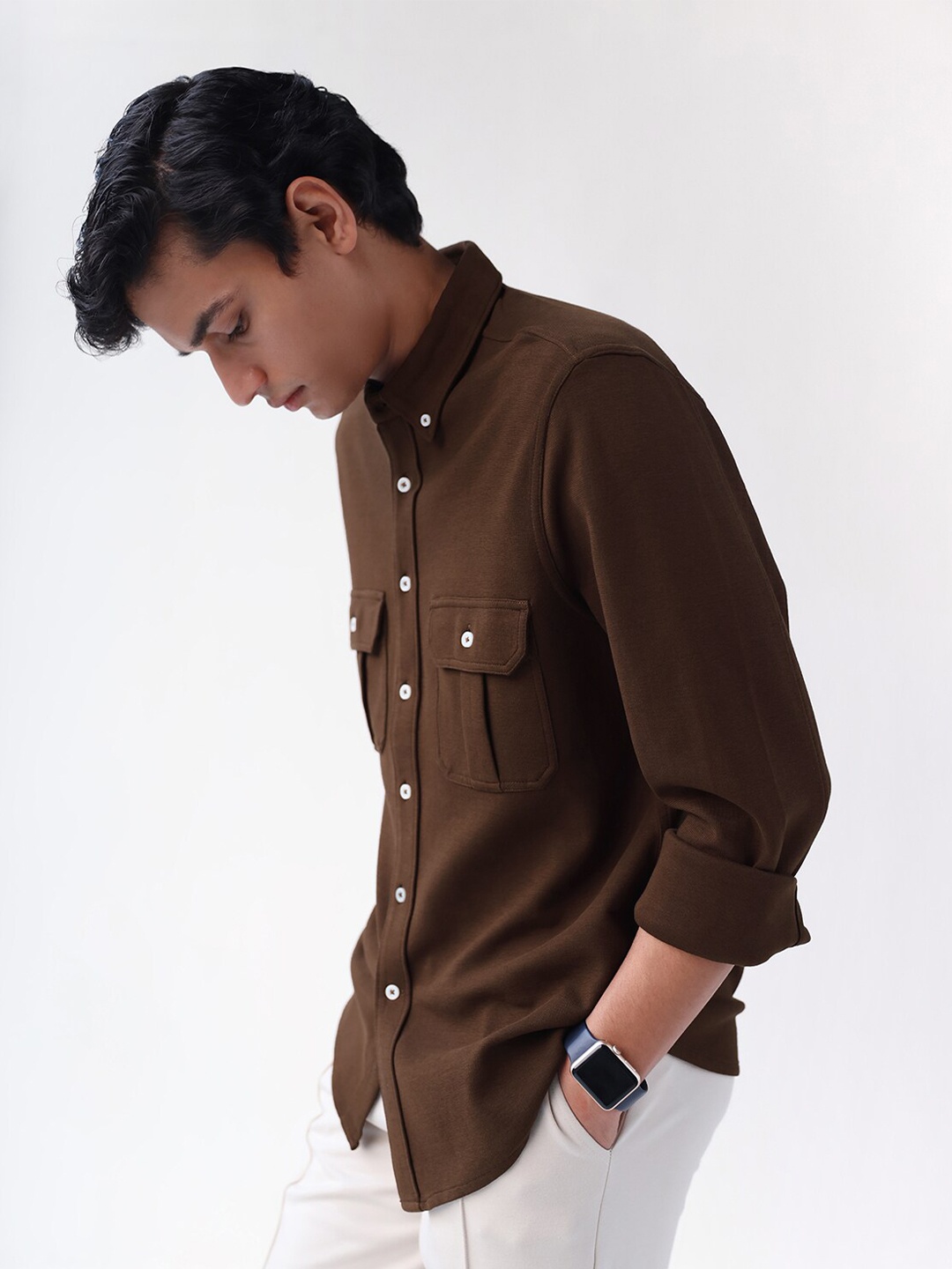 

Andamen Men Flap Pocket Classic Casual Cotton Shirt, Brown