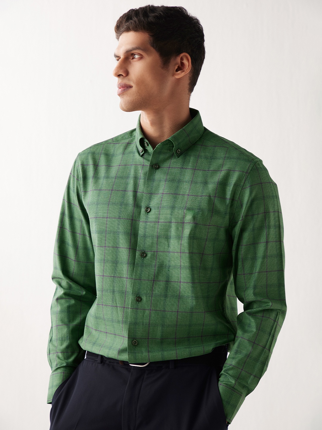 

Andamen Men Classic Slim Fit Tartan Checked Formal Cotton Shirt, Green