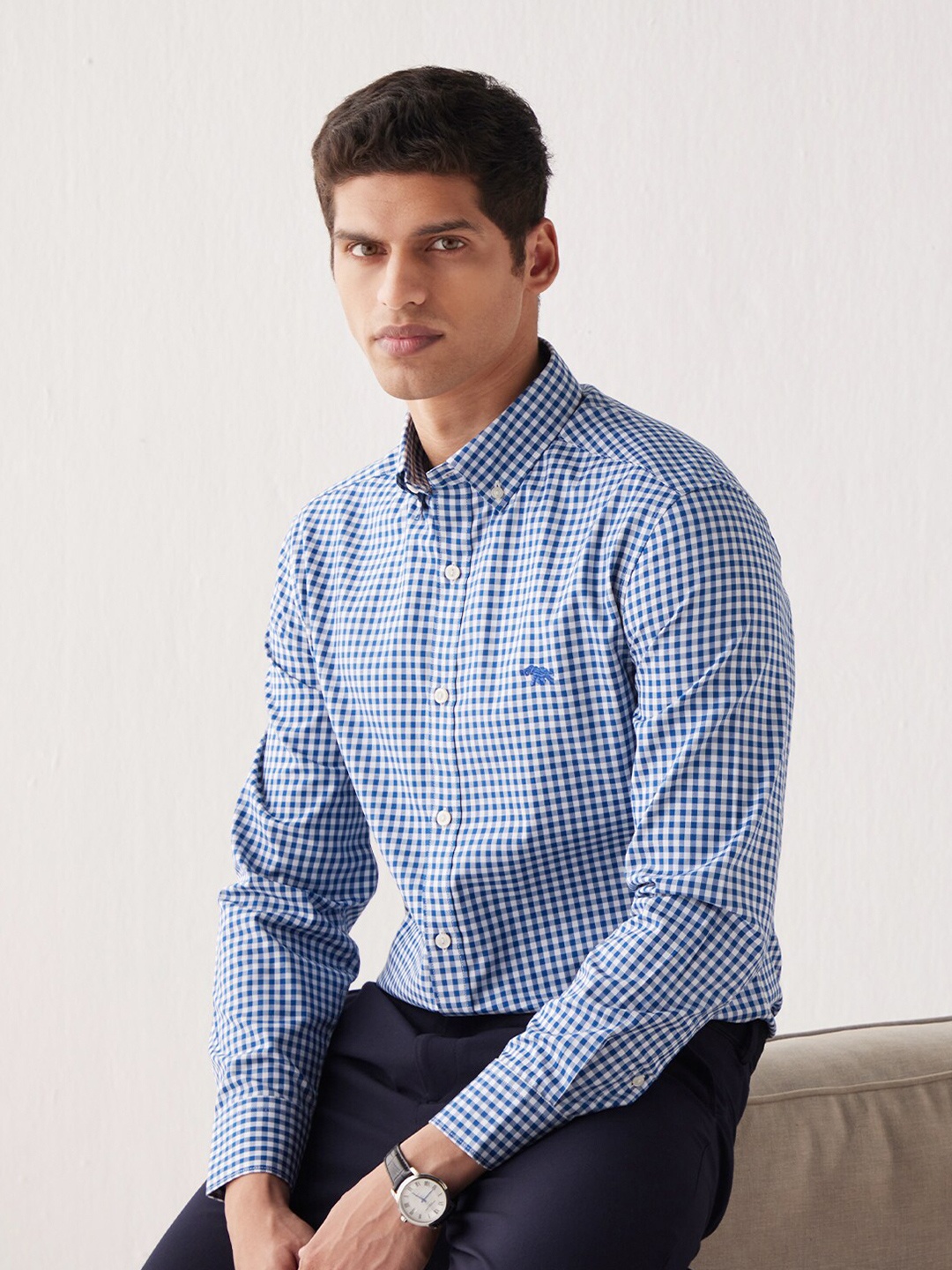 

Andamen Men Classic Slim Fit Gingham Checked Formal Cotton Shirt, Blue