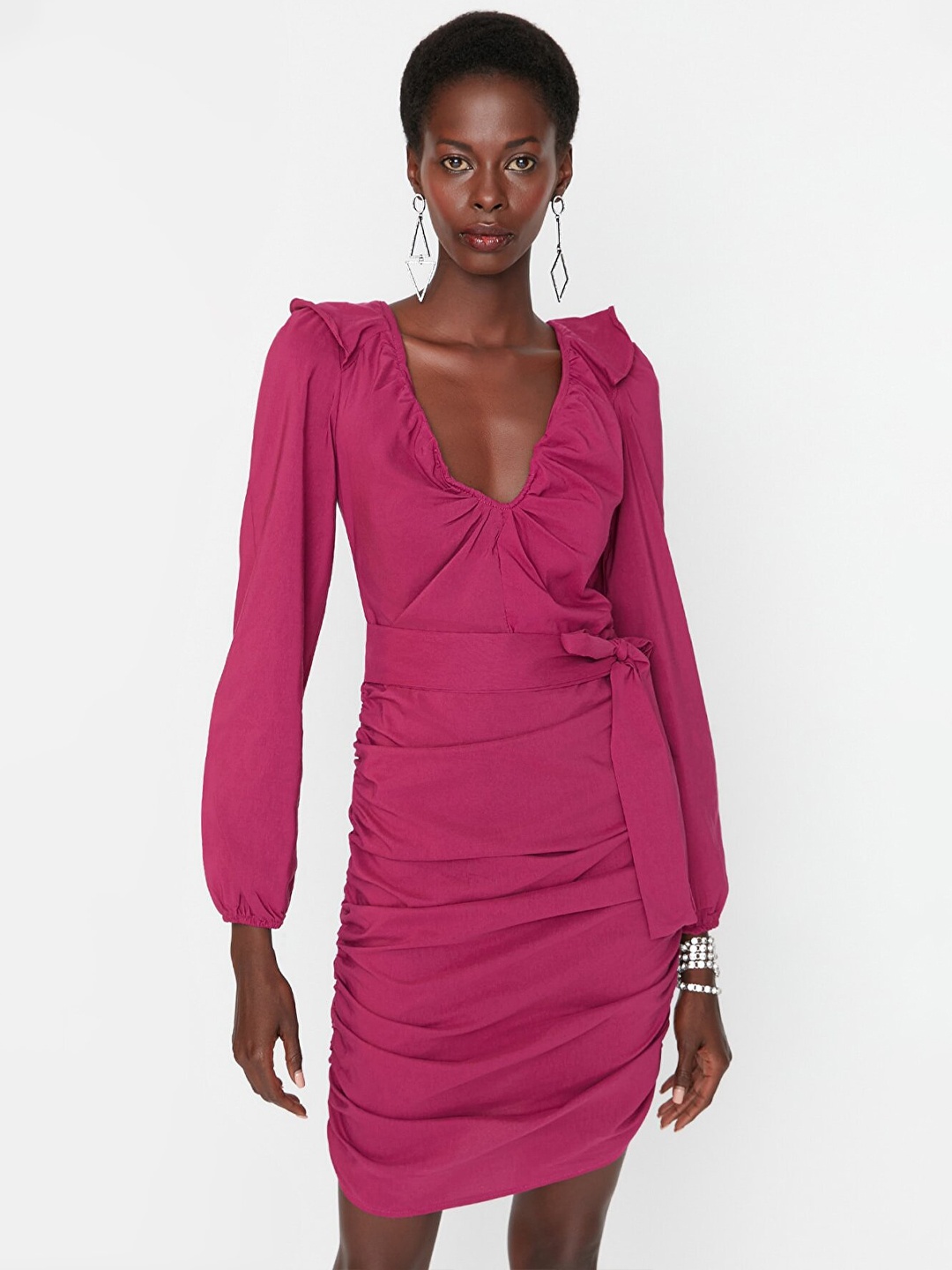 

Trendyol V-Neck Long Sleeves Sheath Mini Dress, Pink