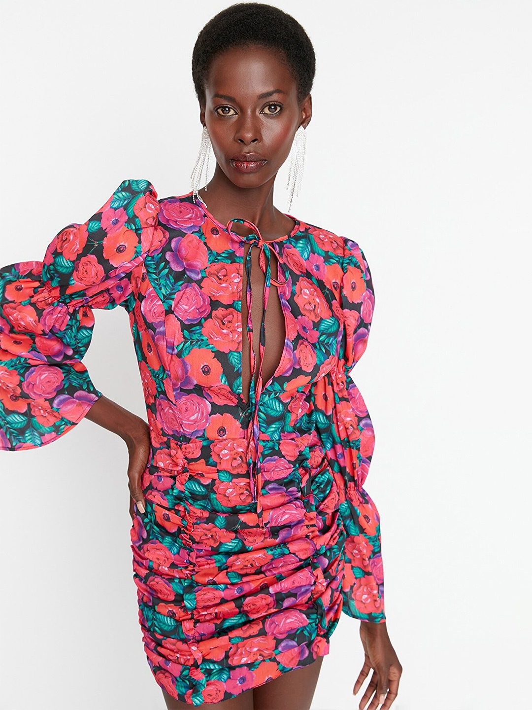 

Trendyol Floral Printed Tie-Up Neck Bodycon Mini Dress, Coral