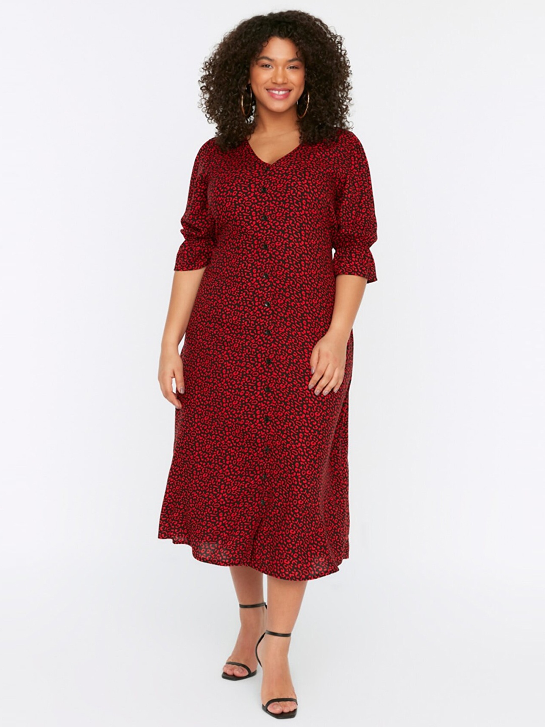 

Trendyol Plus Size Animal Printed V-Neck A-Line Midi Dress, Maroon