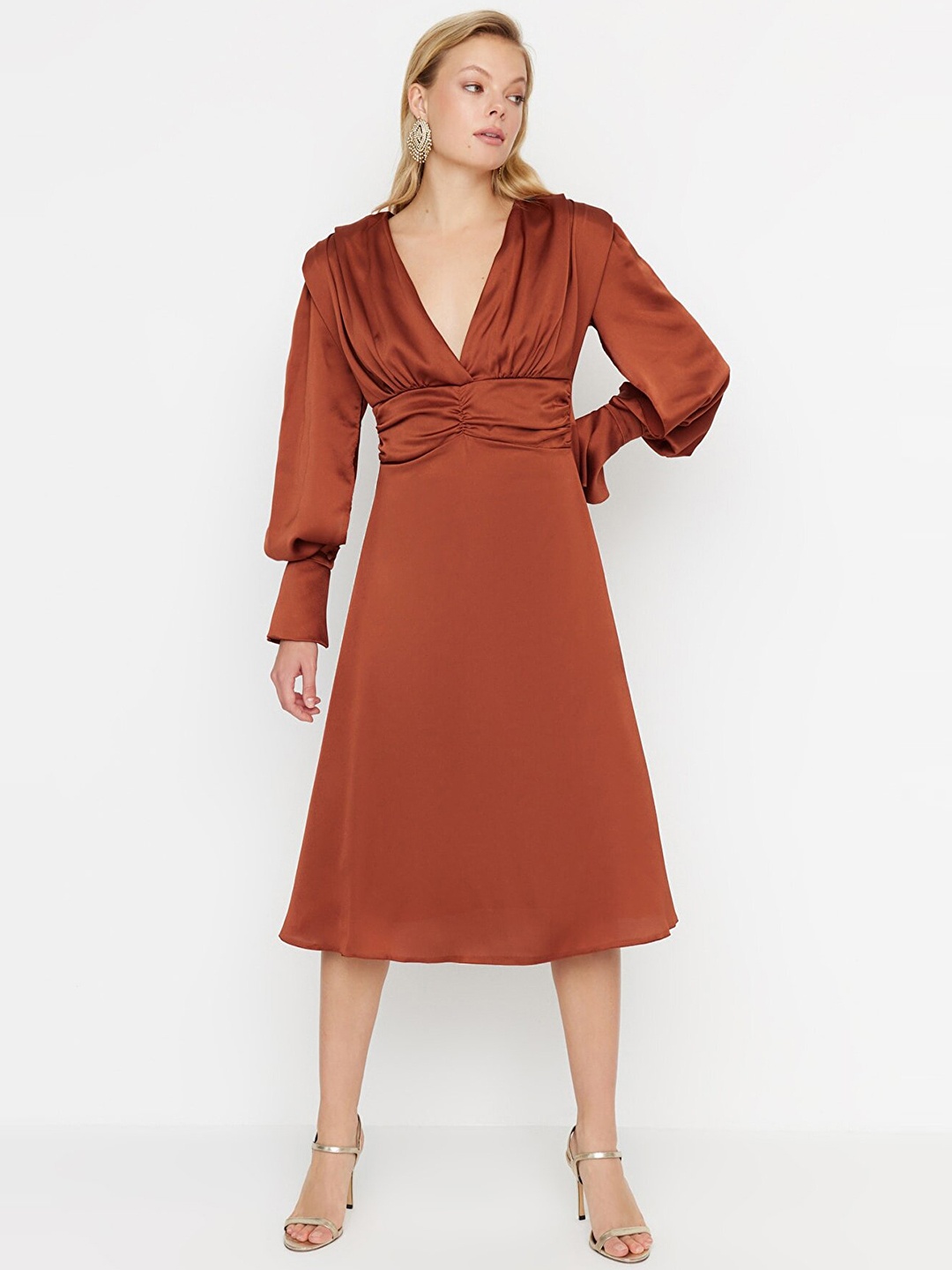 

Trendyol V-Neck Cuffed Sleeves A-Line Midi Dress, Rust