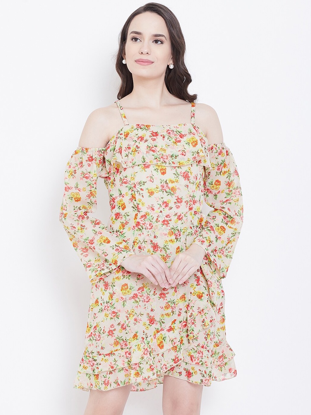 

DODO & MOA Floral Printed Cold-Shoulder Sleeves Fit & Flare Dress, Beige