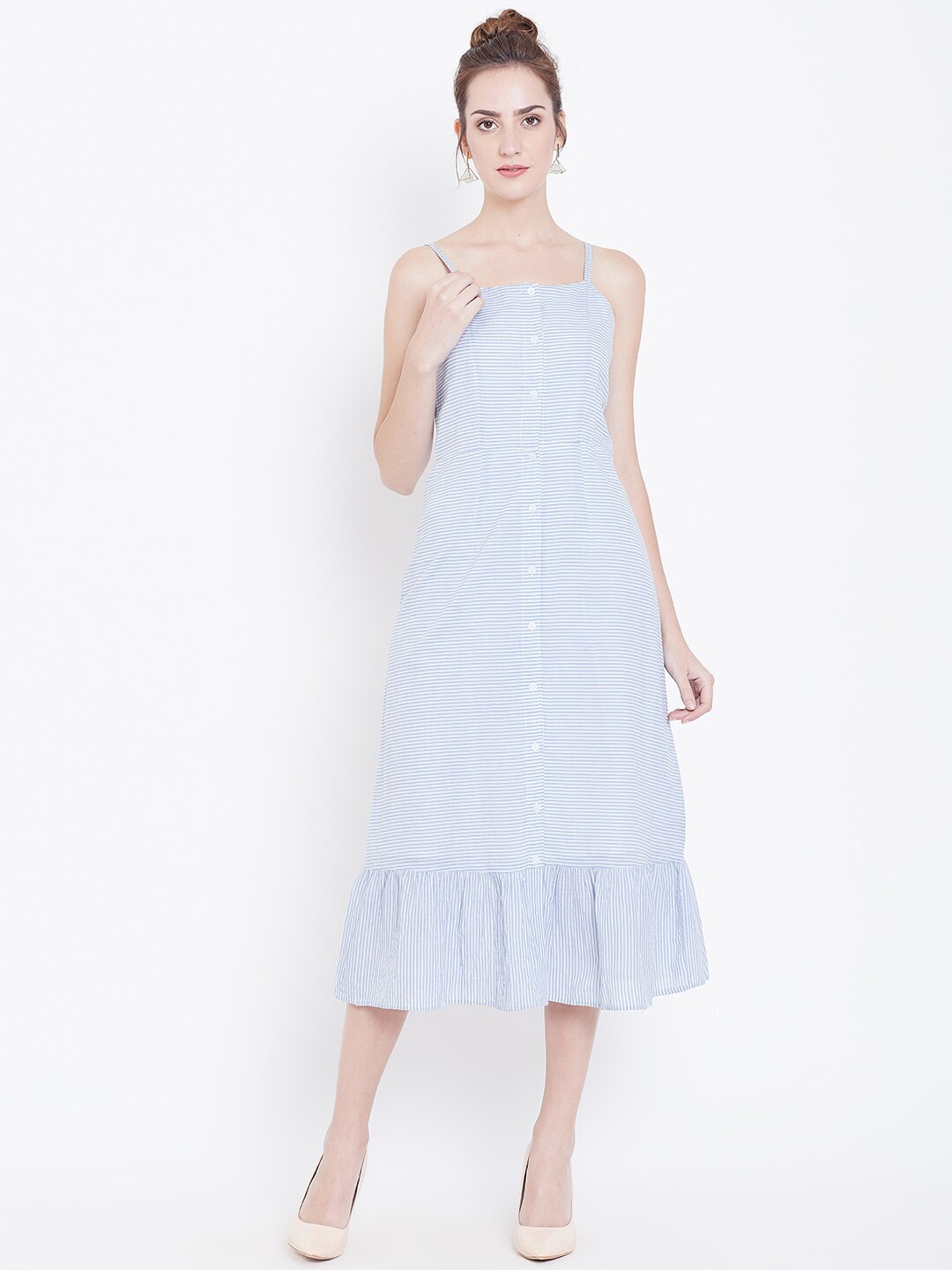 

DODO & MOA Striped Midi Fit & Flare Cotton Dress, Blue