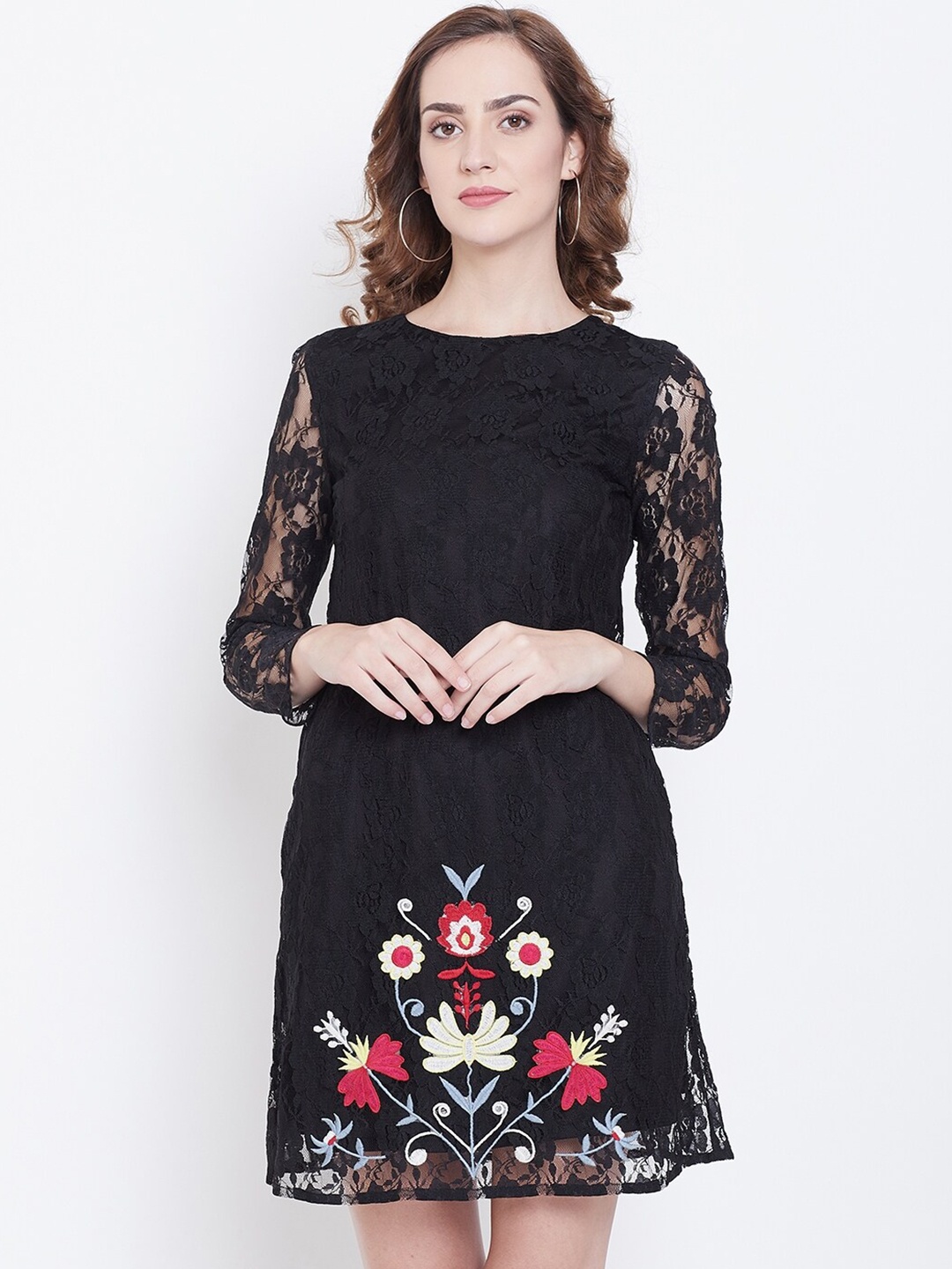 

DODO & MOA Floral Embroidered Lace A-Line Dress, Black