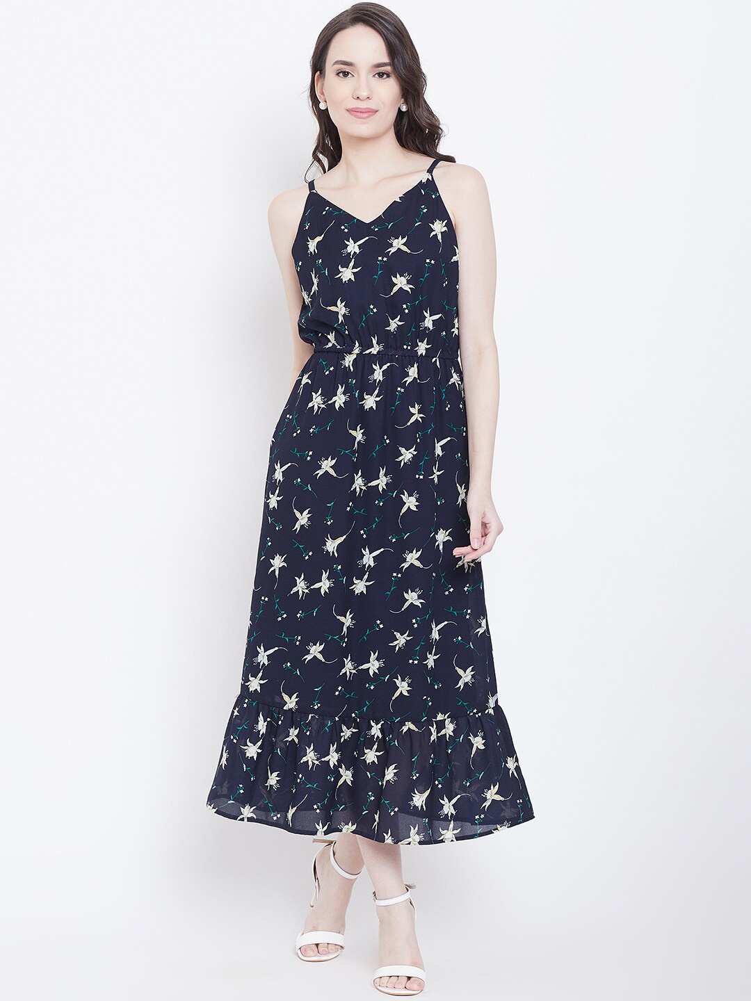 

DODO & MOA Floral Printed Midi Fit & Flare Dress, Navy blue