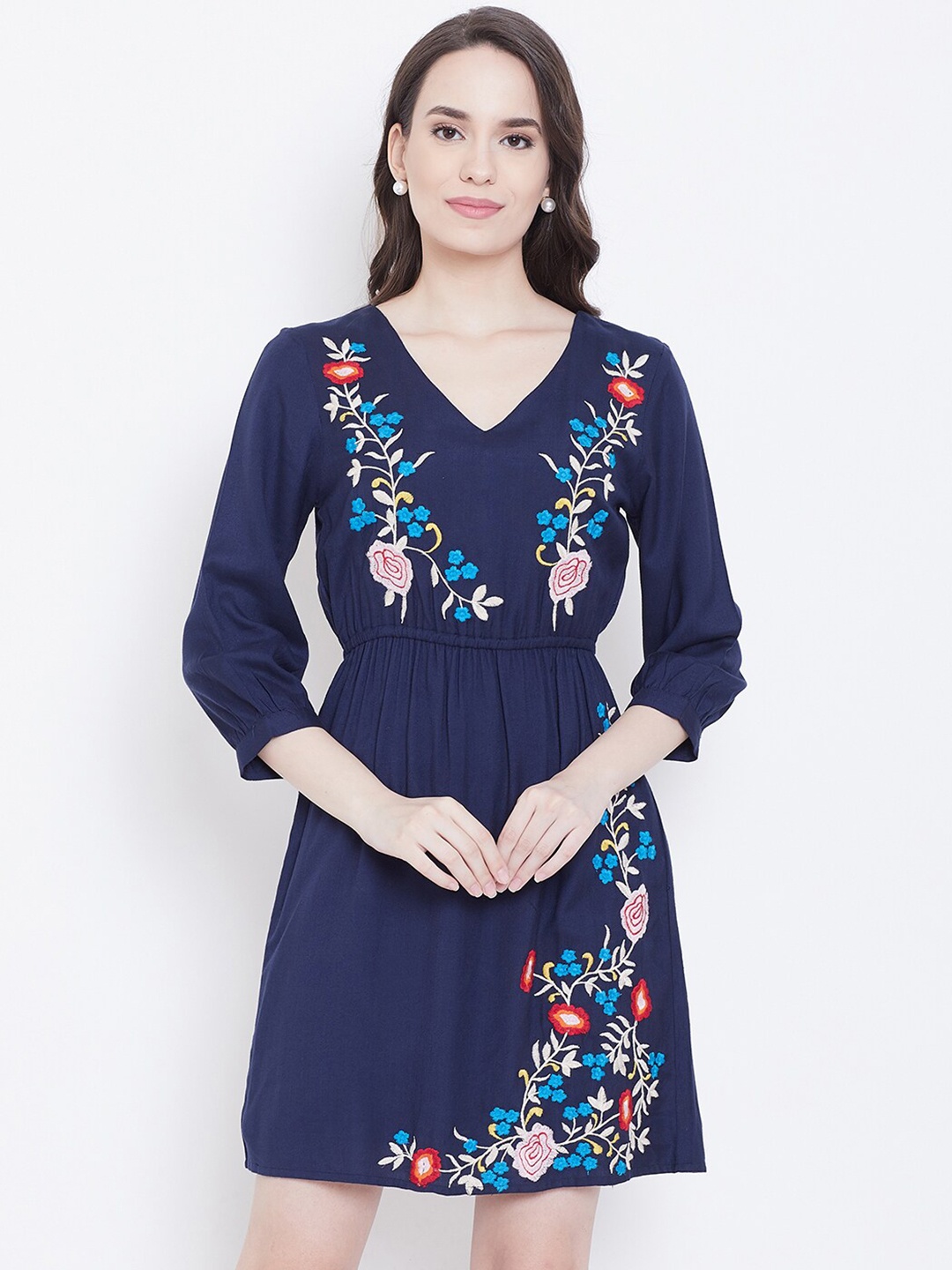 

DODO & MOA Floral Embroidered Georgette Dress, Navy blue