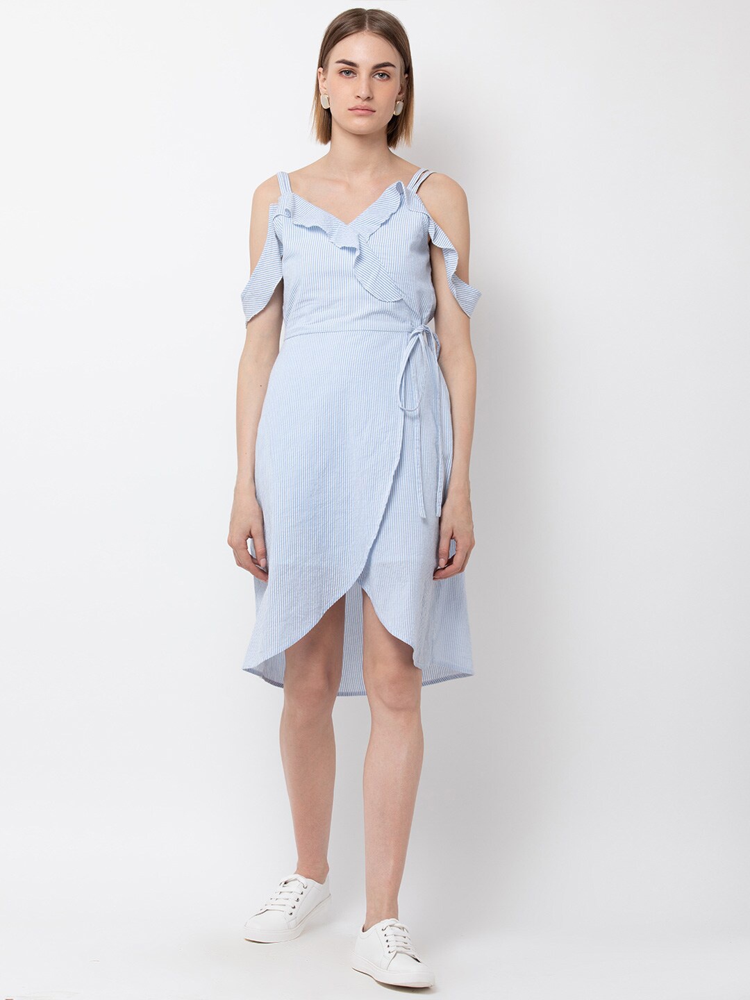

DODO & MOA Striped Cold-Shoulder Sleeves Midi Wrap Cotton Dress, Blue