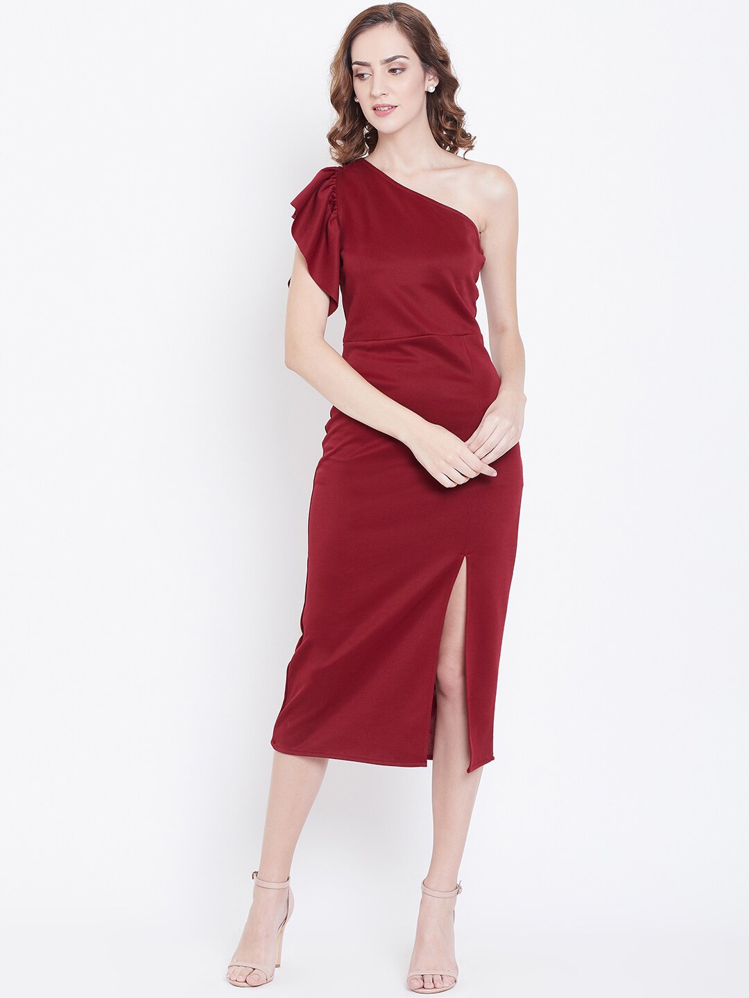 

DODO & MOA One Shoulder Scuba Sheath Midi Dress, Maroon