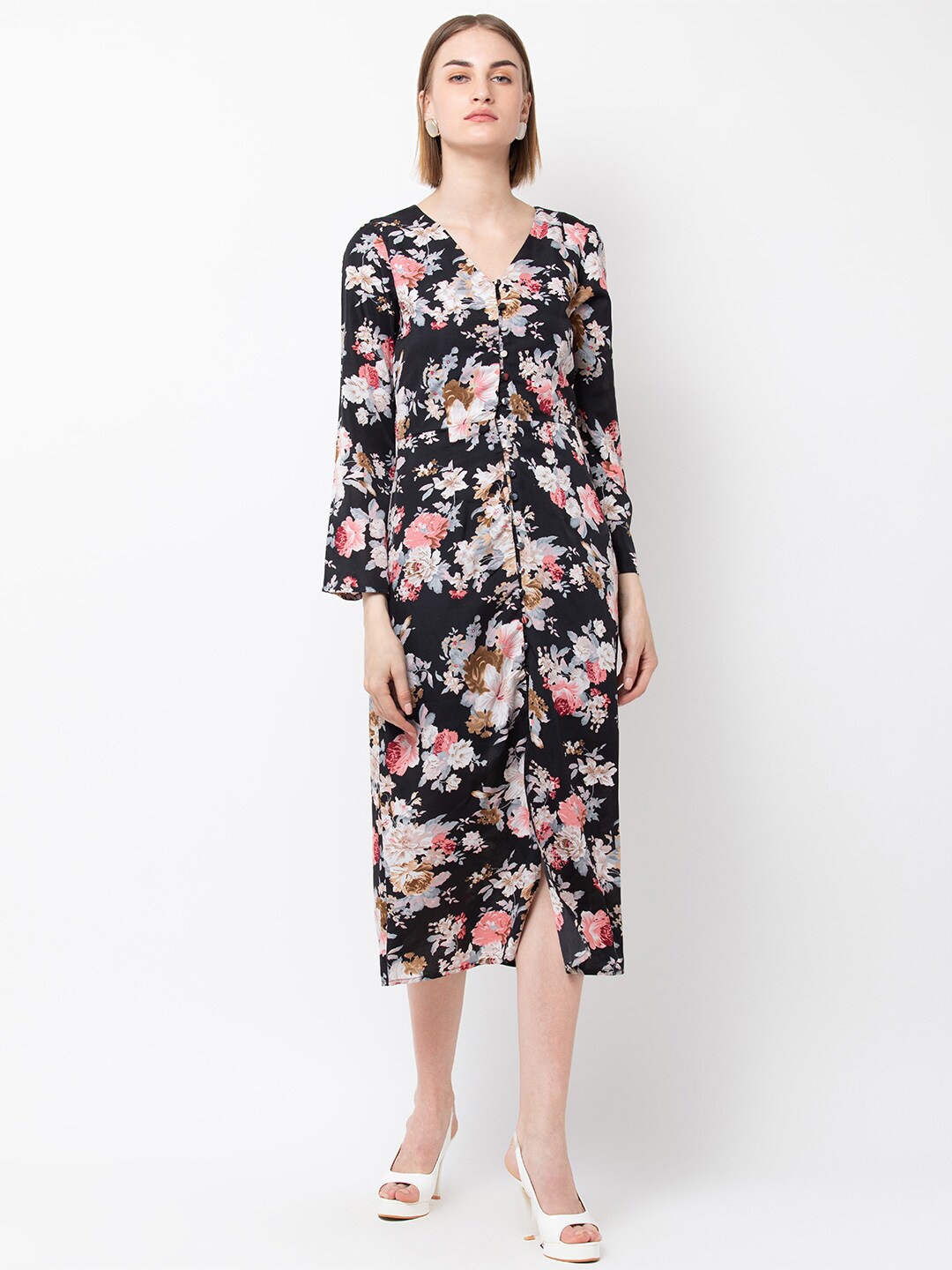 

DODO & MOA Printed Floral Georgette Midi Dress, Black