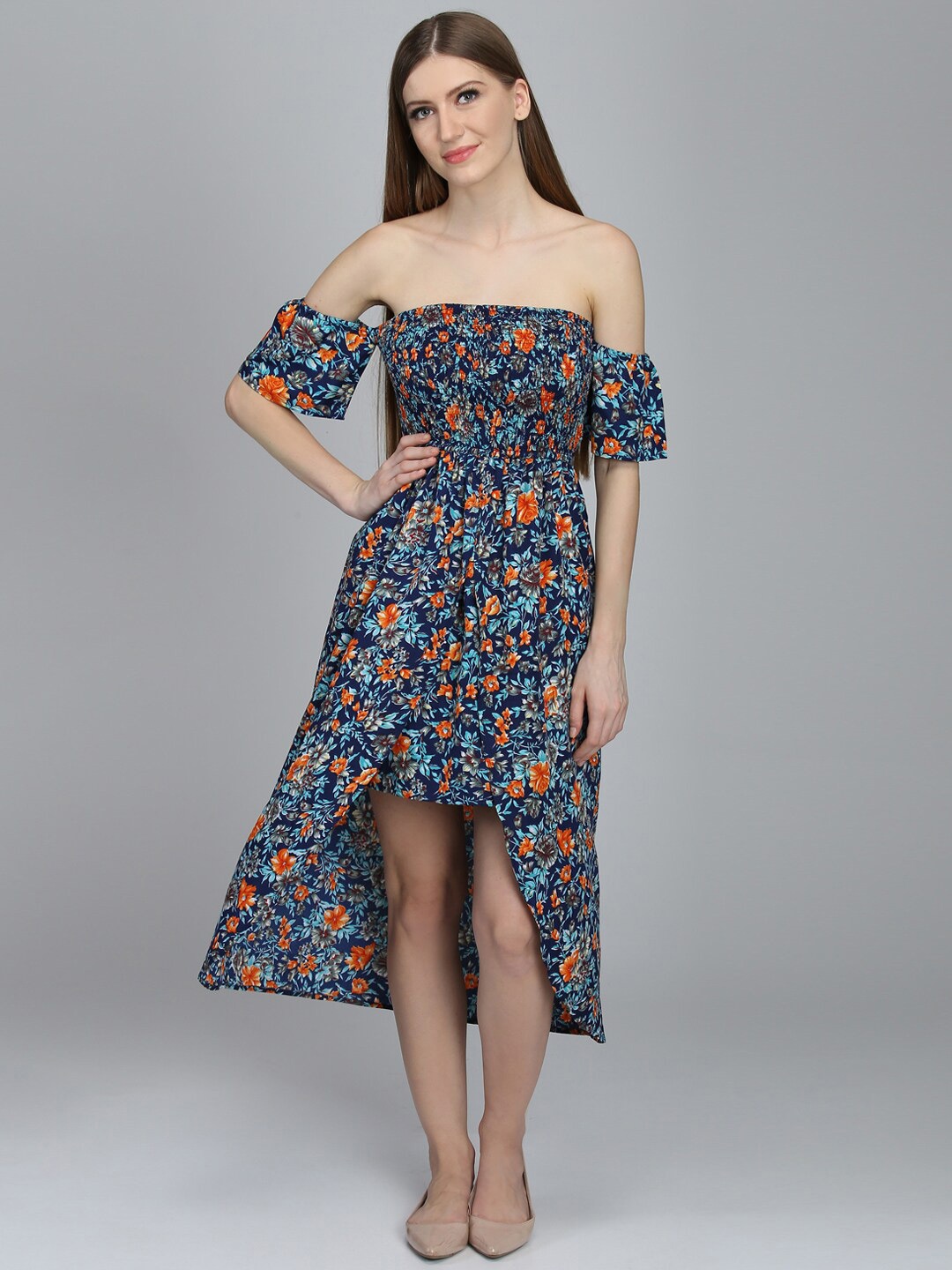 

DODO & MOA Floral Off-Shoulder Georgette A-Line Midi Dress, Navy blue