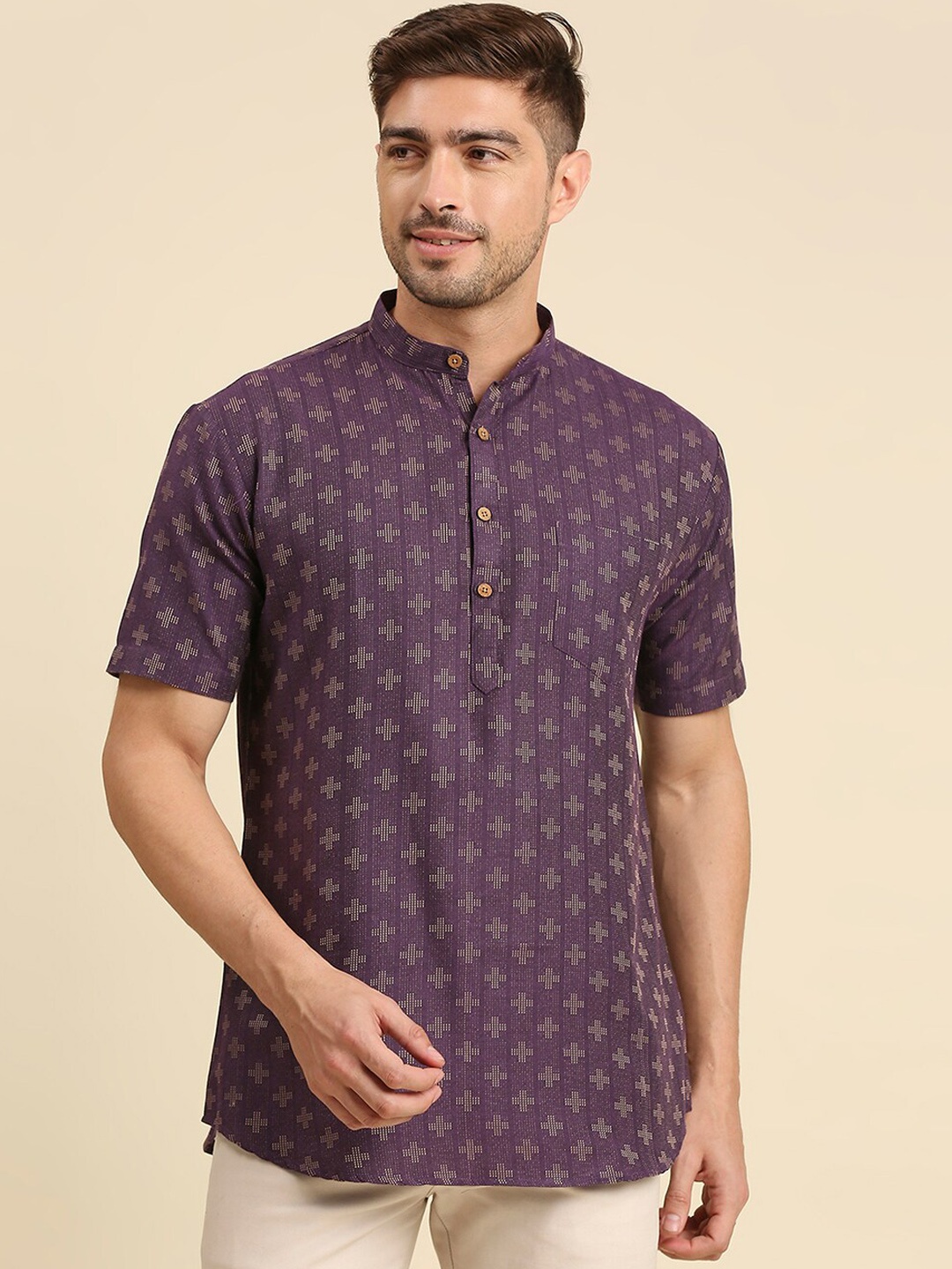 

RAJUBHAI HARGOVINDAS Men Geometric Woven Design Dobby Cotton Kurta, Purple