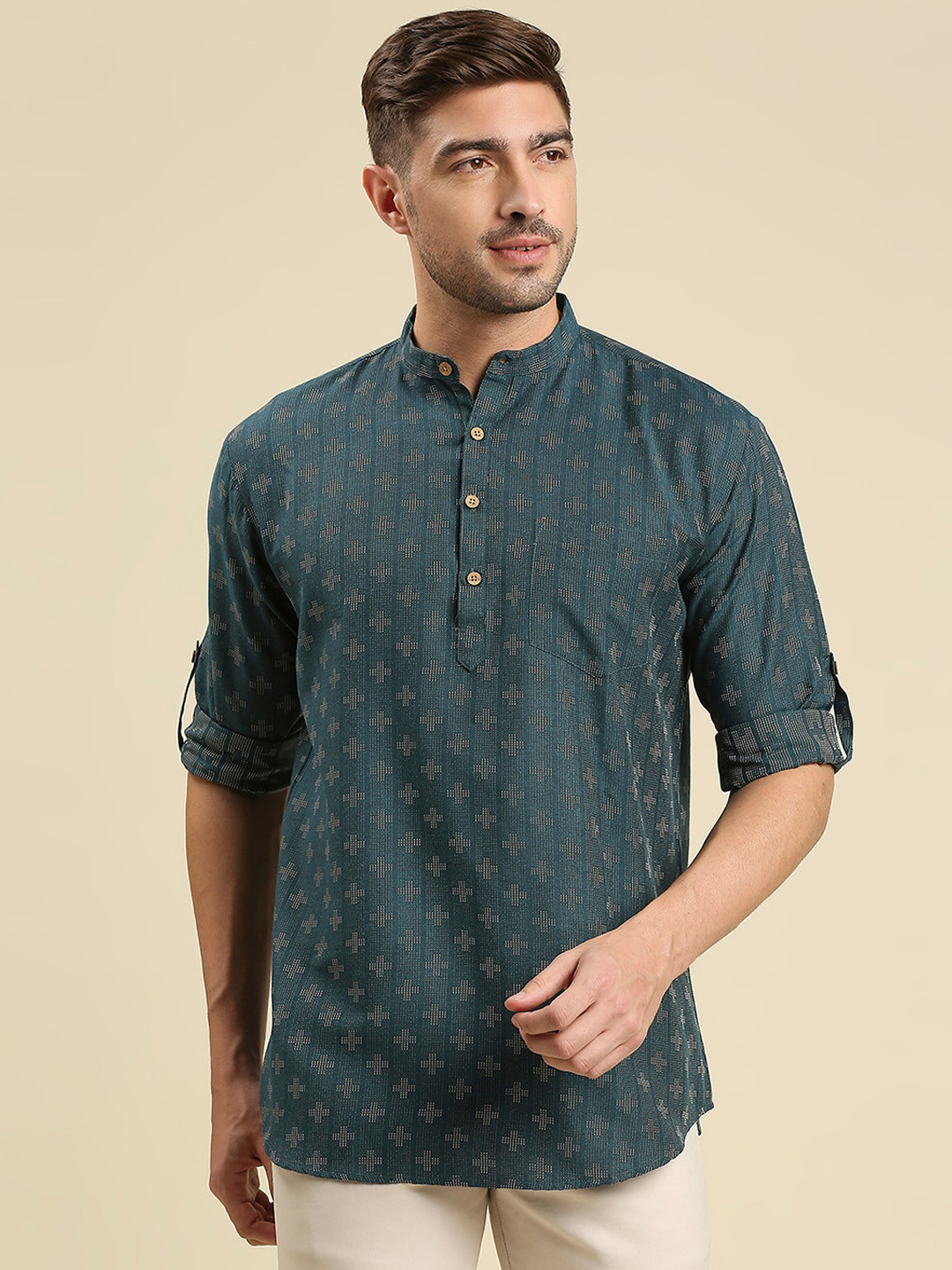 

RAJUBHAI HARGOVINDAS Men Woven Design Above Knee Length Regular Cotton Kurta, Teal