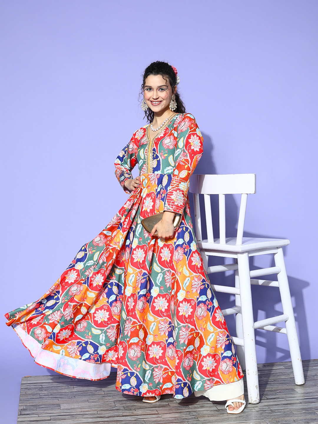 

Varanga Women Floral Printed Quirky Cotton Anarkali Kurta, Multi