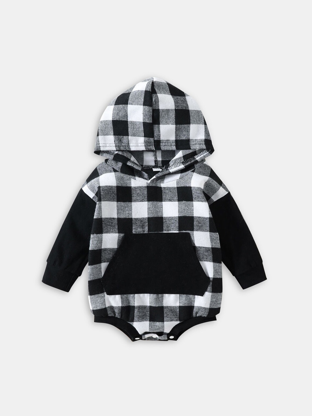 

Hopscotch Kids Checked Full Sleeve Hooded Bodysuit, Black