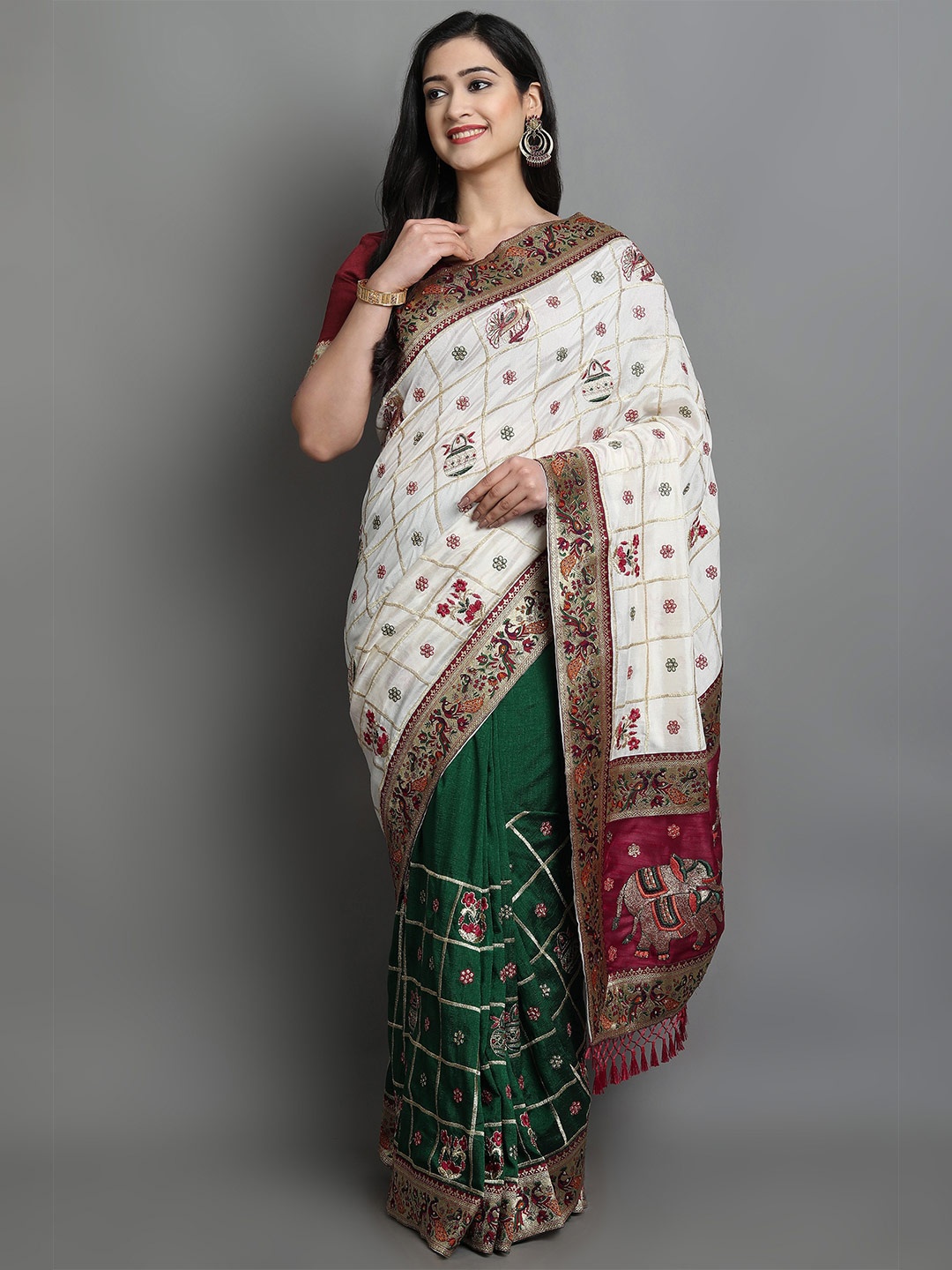 

Ekta Textiles Ethnic Motifs Zari Half and Half Patola Saree, White