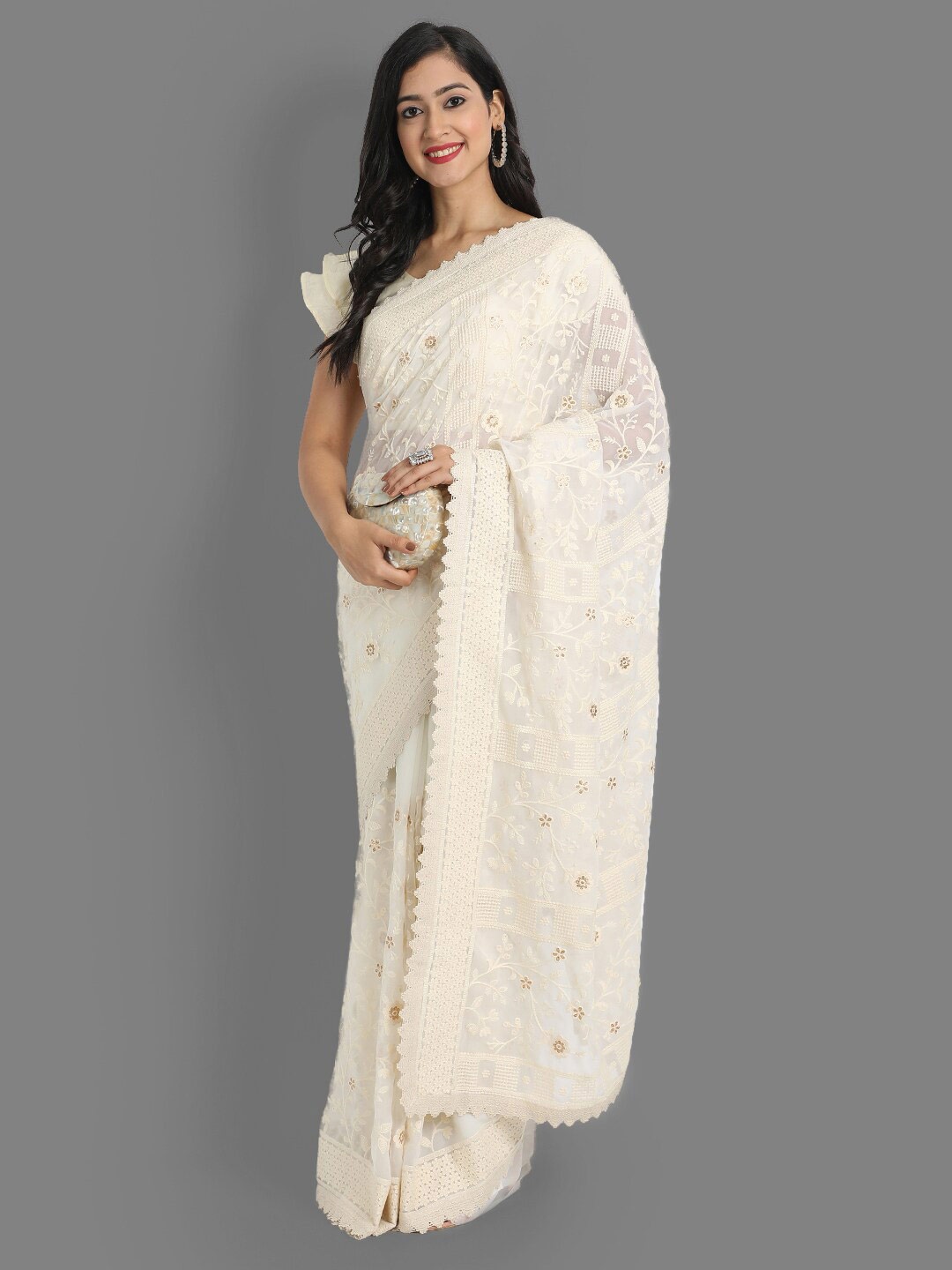 

Ekta Textiles Floral Embroidered Pure Cotton Chanderi Saree, Off white