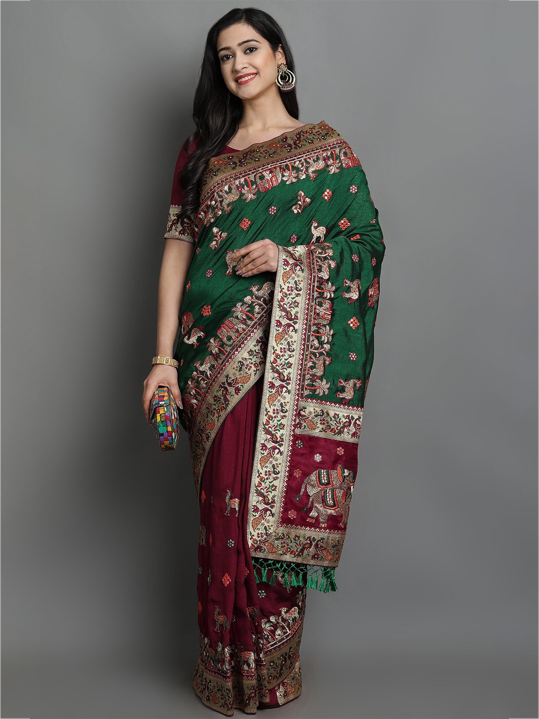 

Ekta Textiles Ethnic Motifs Embroidered Silk Blend Half and Half Patola Saree, Green