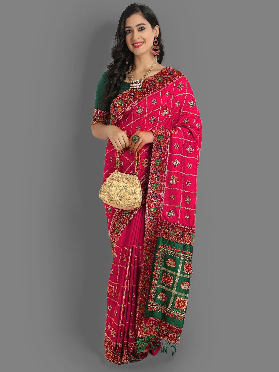 

Ekta Textiles Ethnic Motifs Embroidered Pure Chinon Patola Saree, Pink