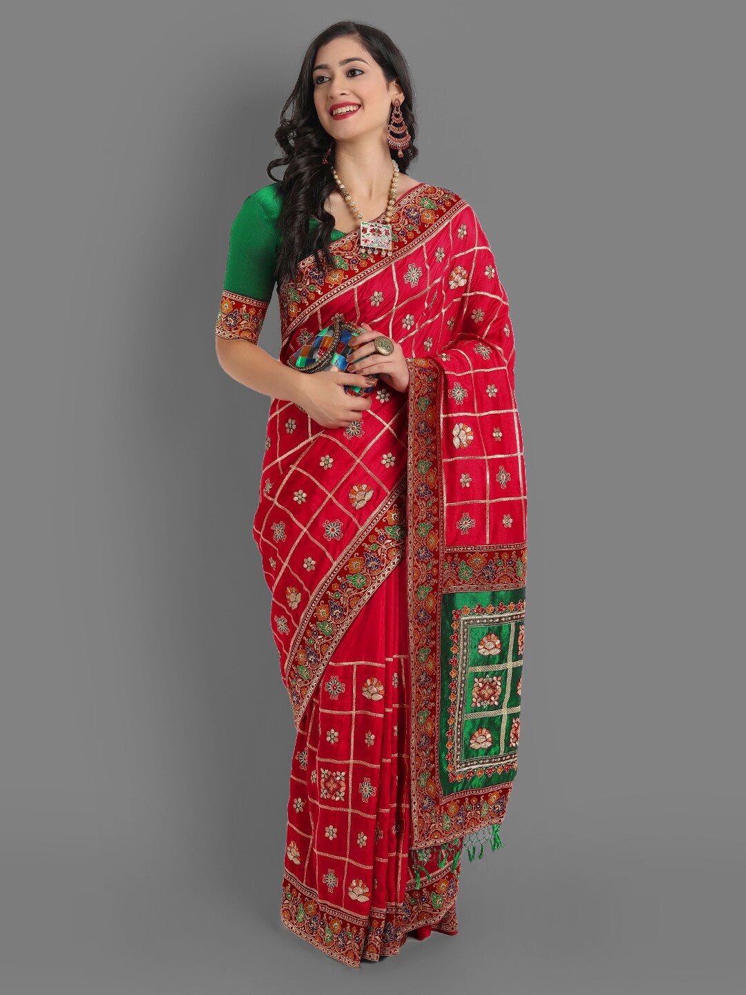 

Ekta Textiles Ethnic Motifs Embroidered Pure Chinon Patola Saree, Red