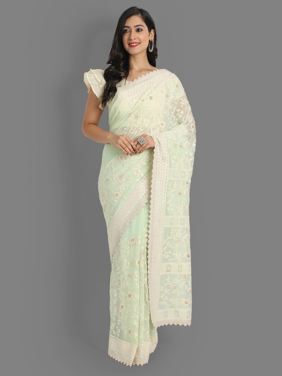 

Ekta Textiles Floral Embroidered Pure Cotton Chanderi Saree, Green