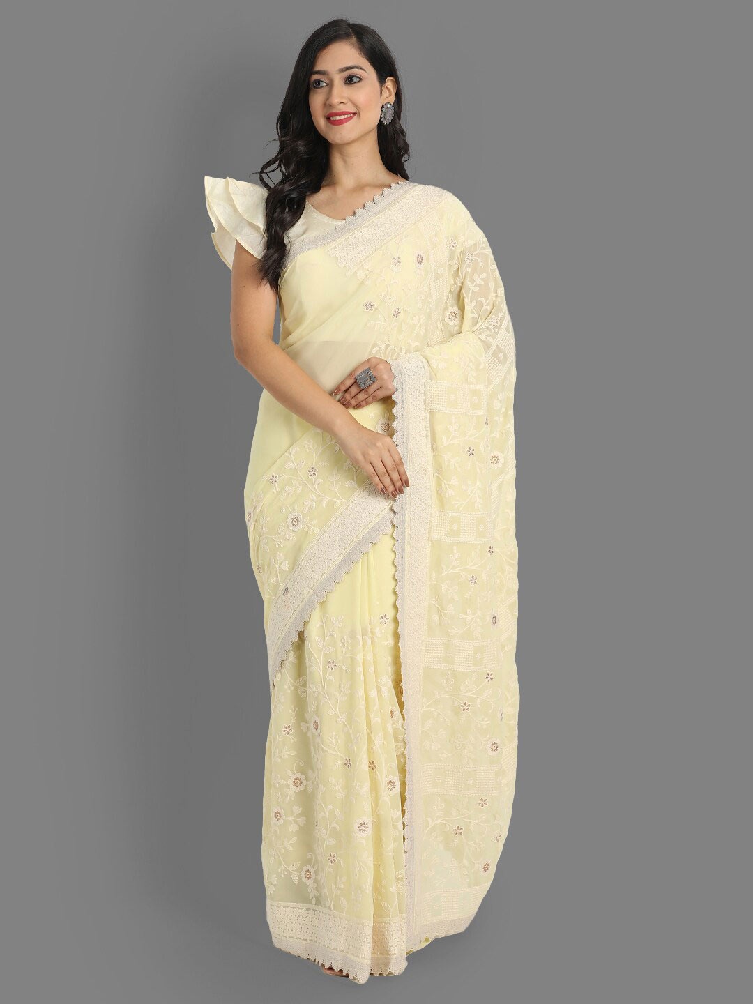 

Ekta Textiles Floral Phulkari Pure Cotton Chanderi Saree, Yellow