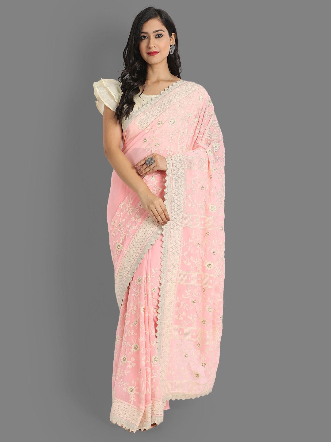 

Ekta Textiles Floral Embroidered Pure Cotton Chanderi Saree, Pink