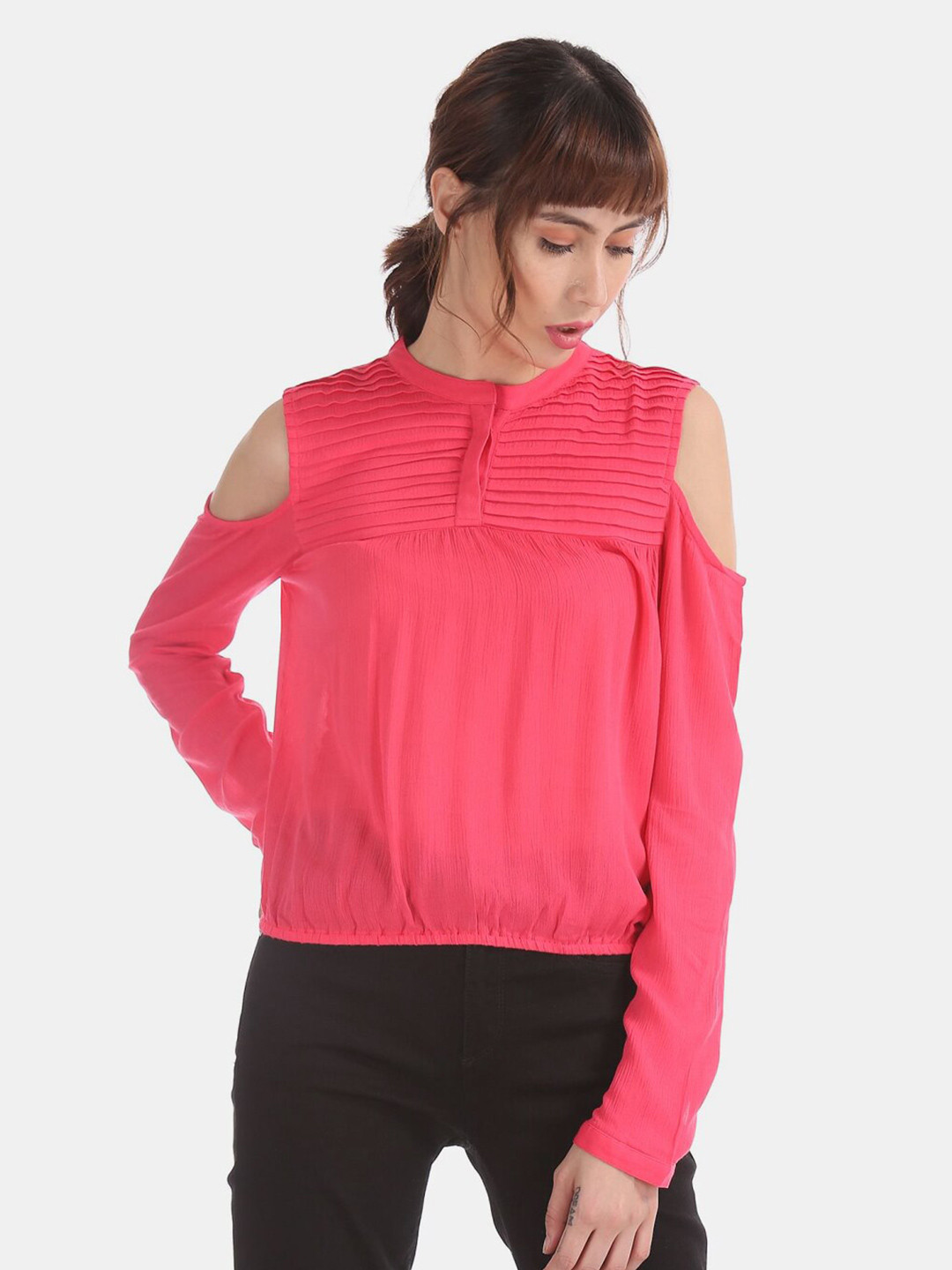 

V-Mart Pleated Cold-Shoulder Sleeves Top, Pink