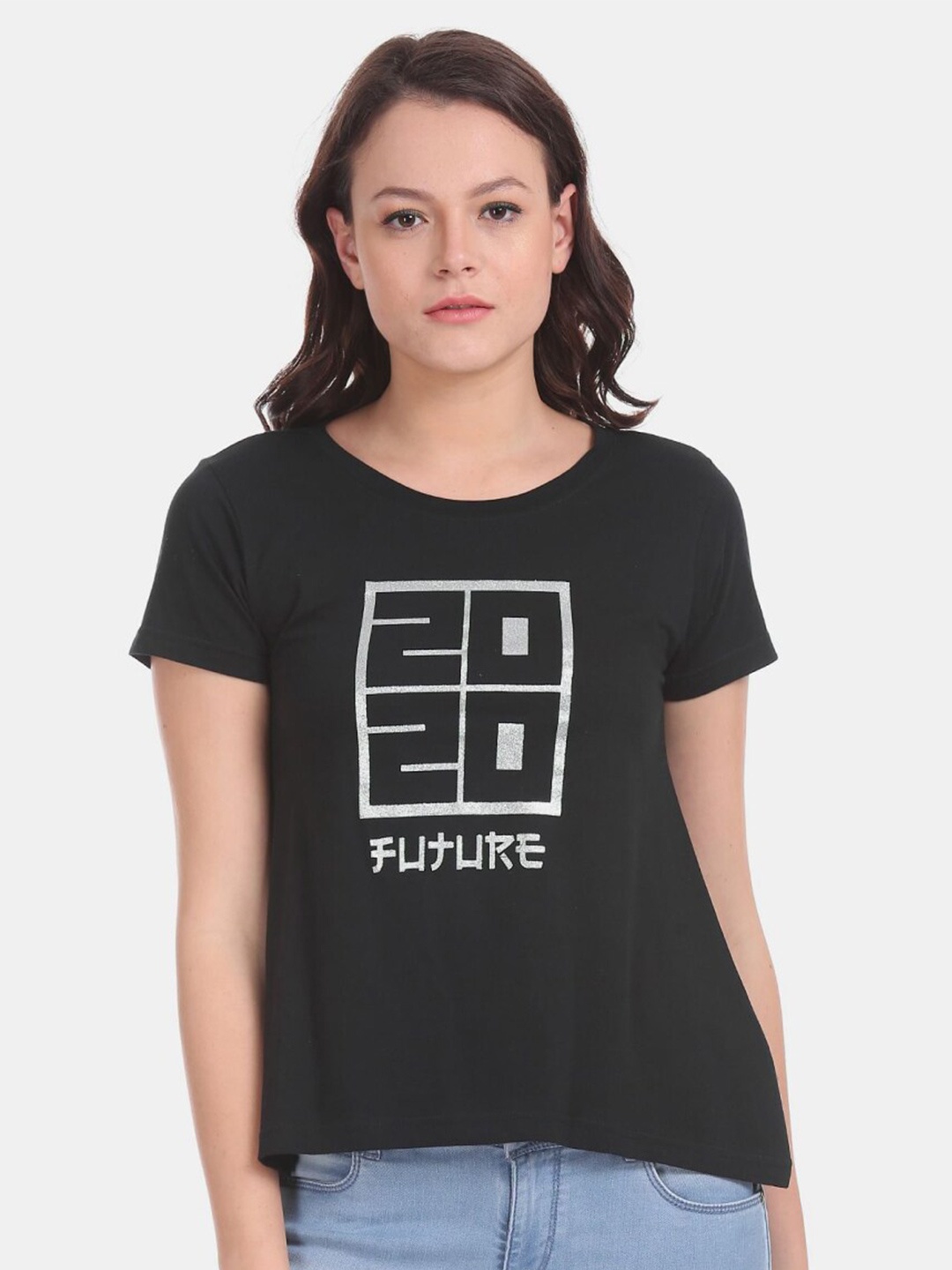 

V-Mart Typography Printed Cotton Round Neck Top, Black