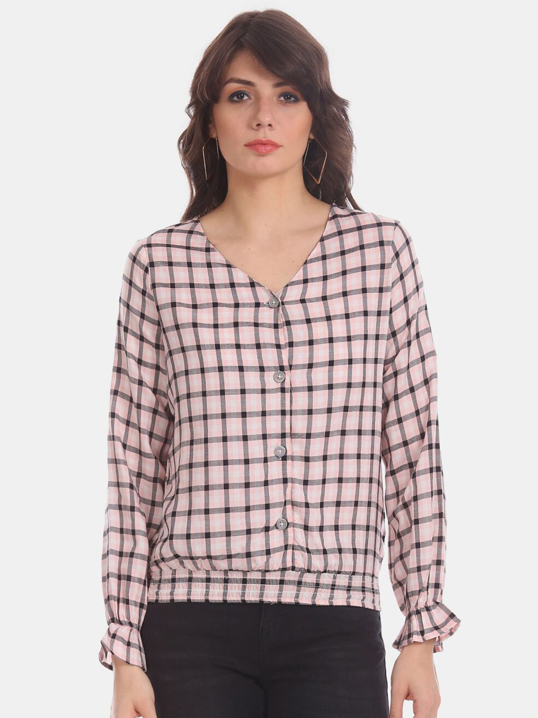 

V-Mart Checked Shirt Style V- Neck Top, Pink