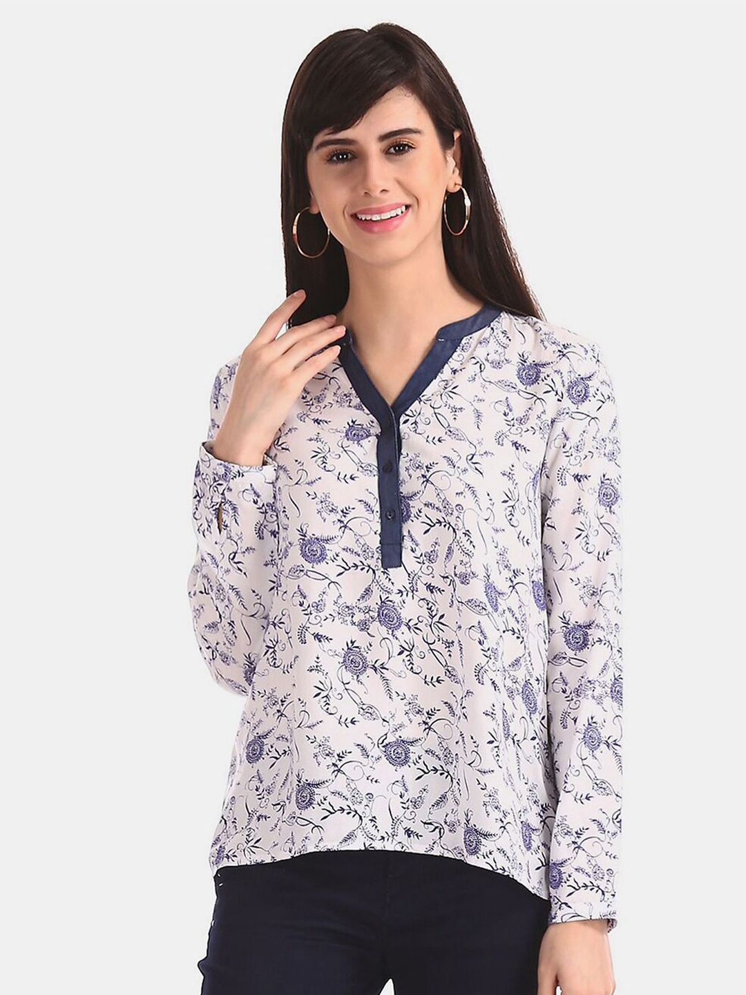 

V-Mart Floral Printed Mandarin Collar Top, White