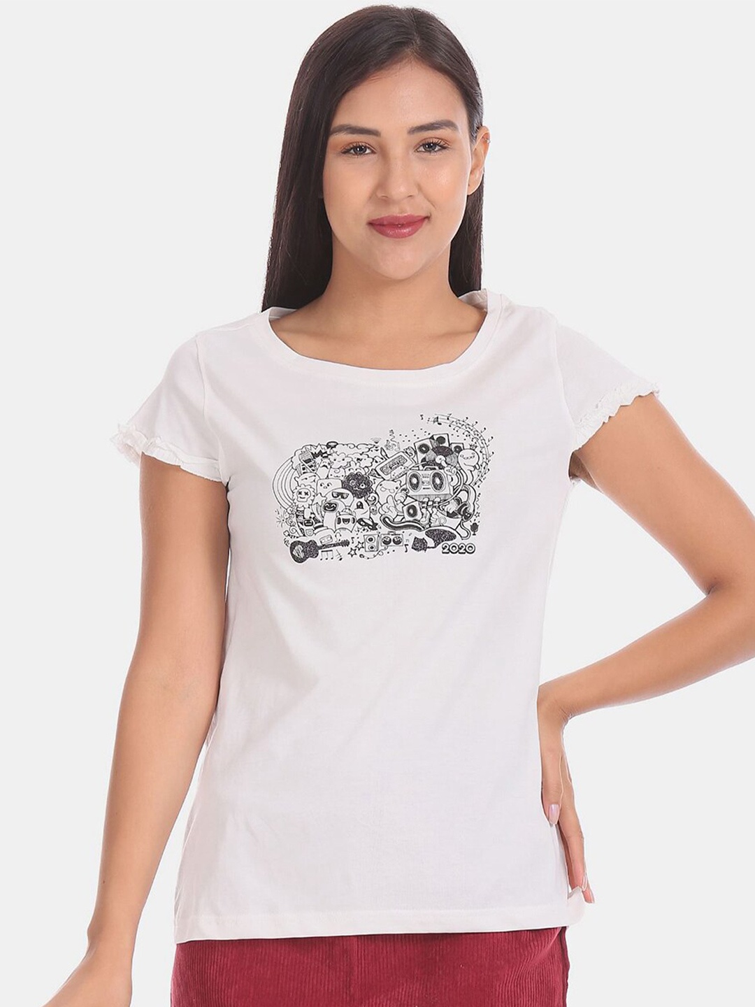 

V-Mart Round Neck Printed Cotton Top, White