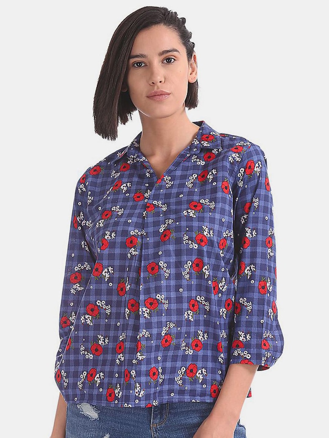 

V-Mart Floral Print Shirt Style Cotton Top, Blue