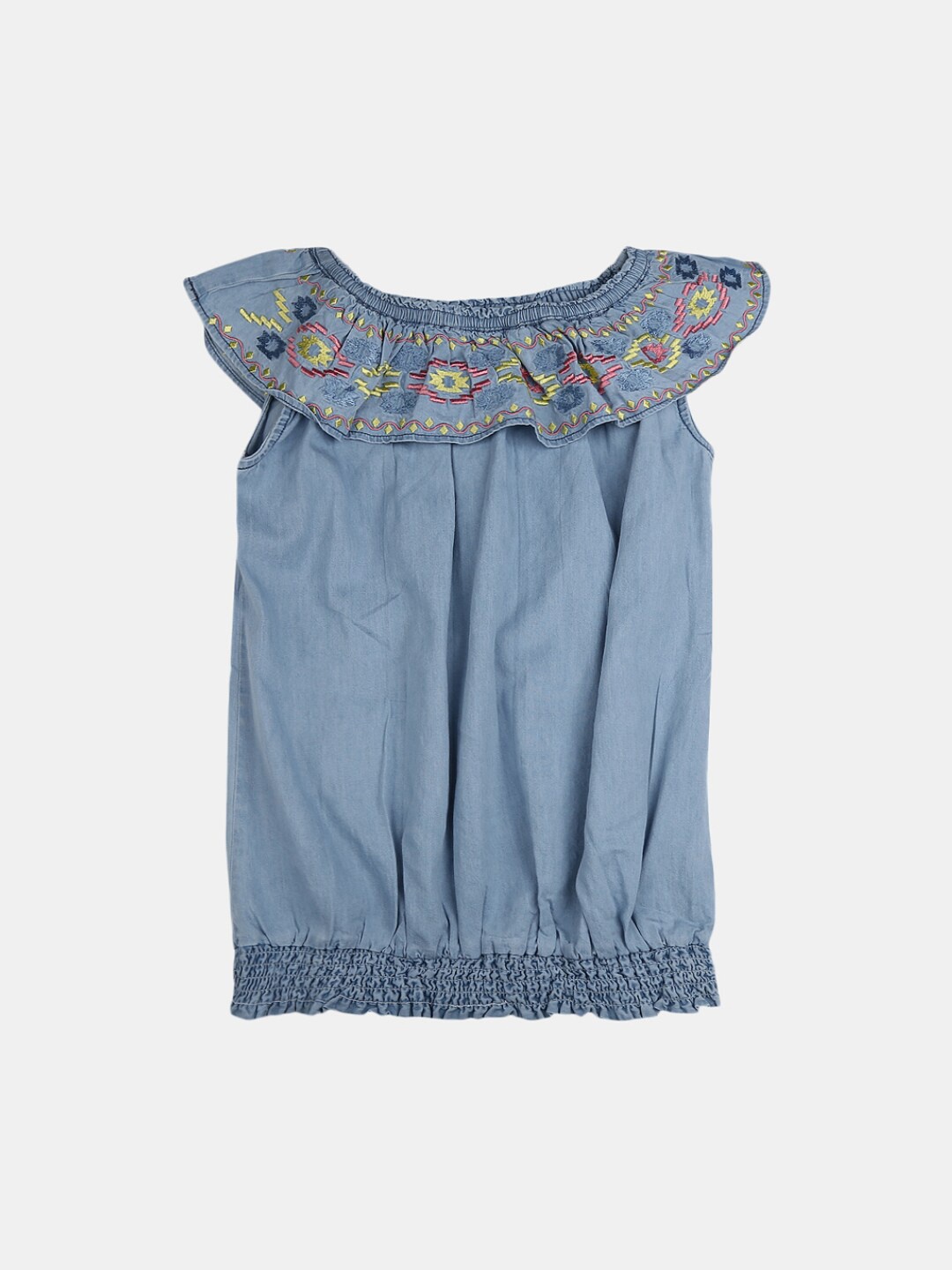 

V-Mart Floral Embroidered Off-Shoulder Denim Bardot Top, Blue