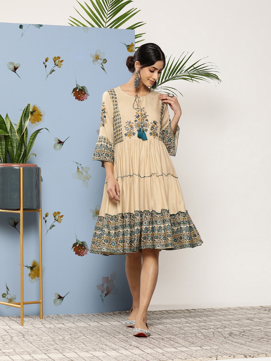 

Juniper Women Ethnic Motifs Printed Tiered Fit & Flare Dress, Beige
