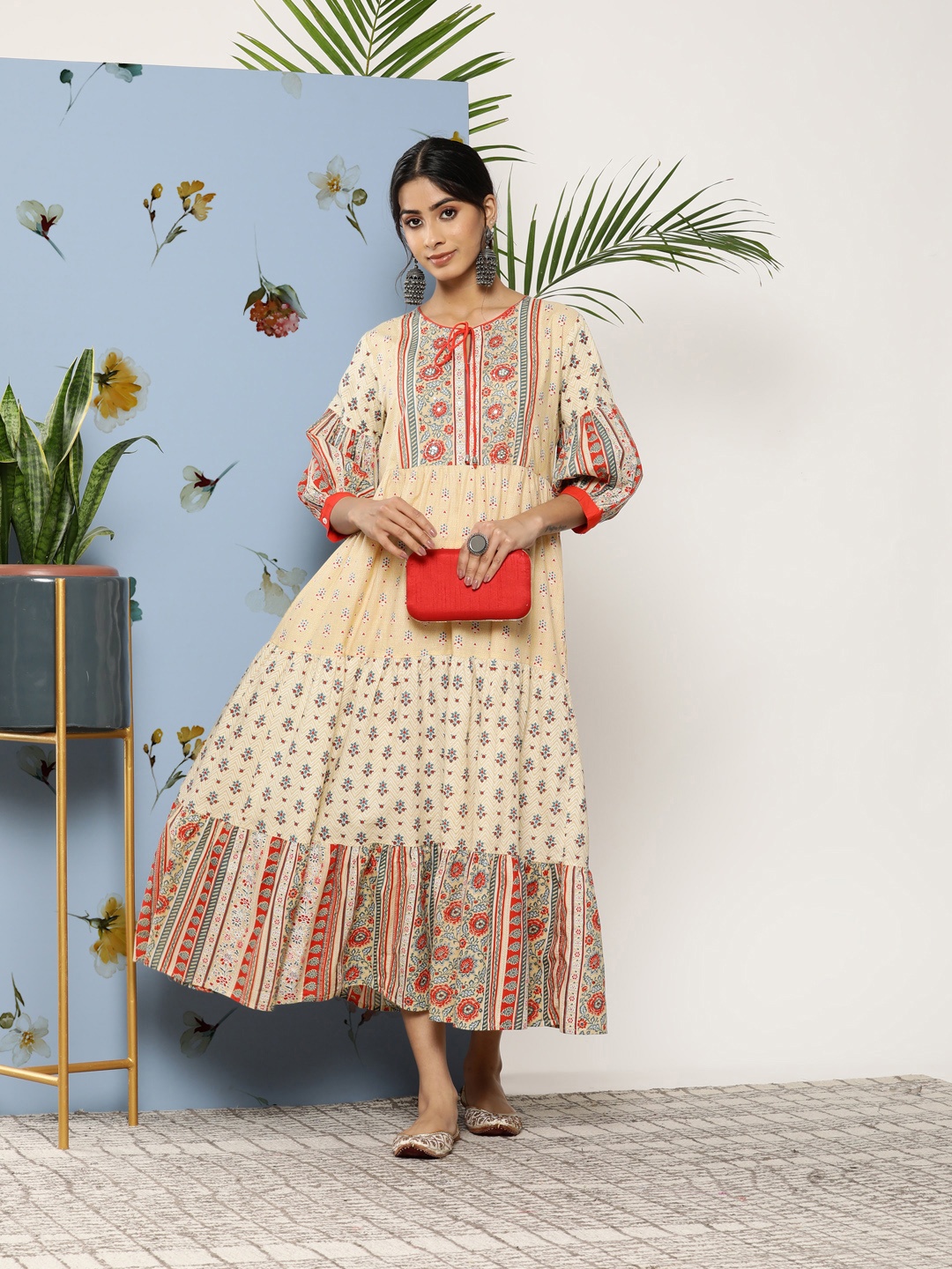 

Juniper Women Ethnic Motifs Printed Tiered Fit & Flare Maxi Dress, Beige
